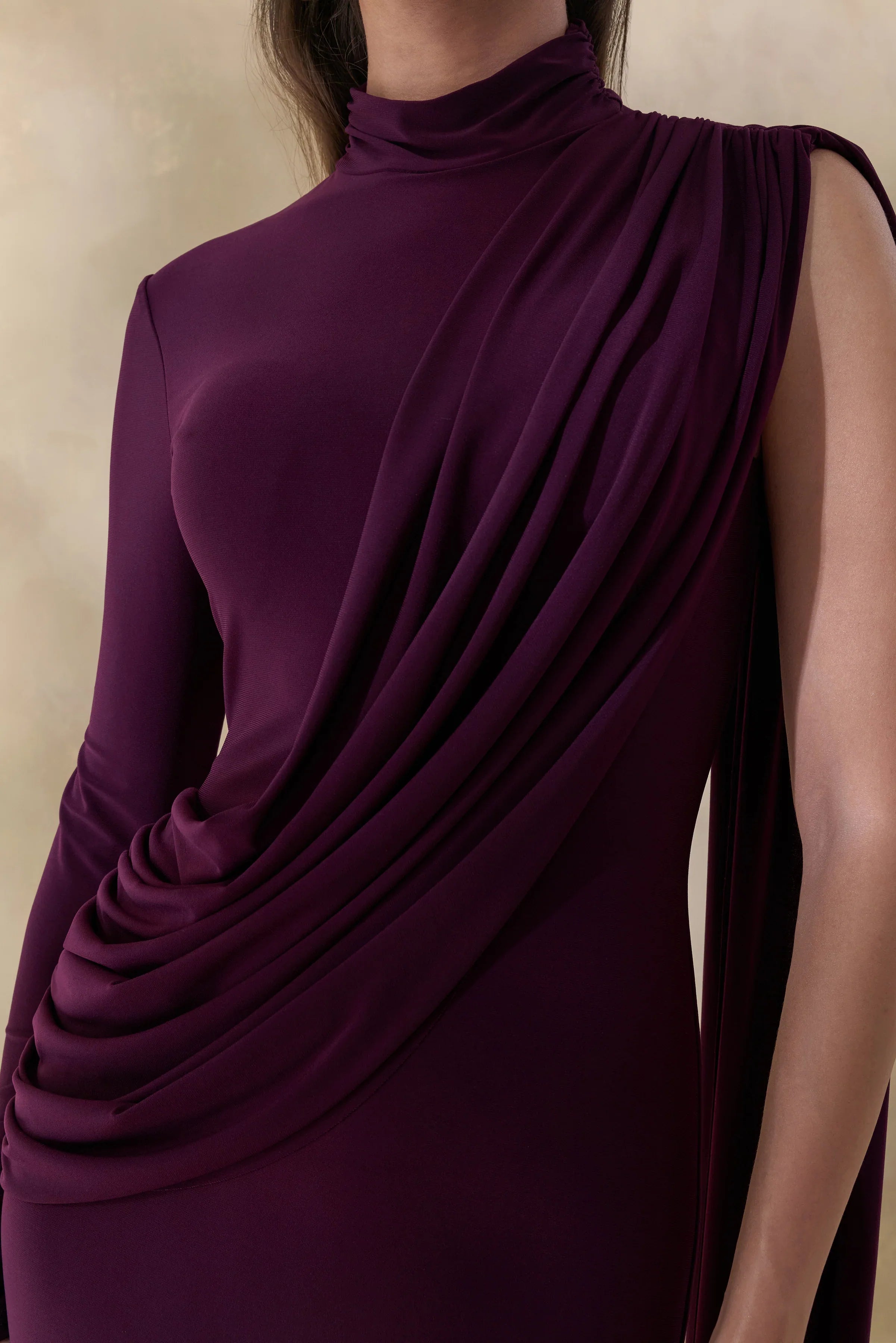 Oliria Dark Plum High Neck Maxi Dress With One Long Sleeve And Sash Detail