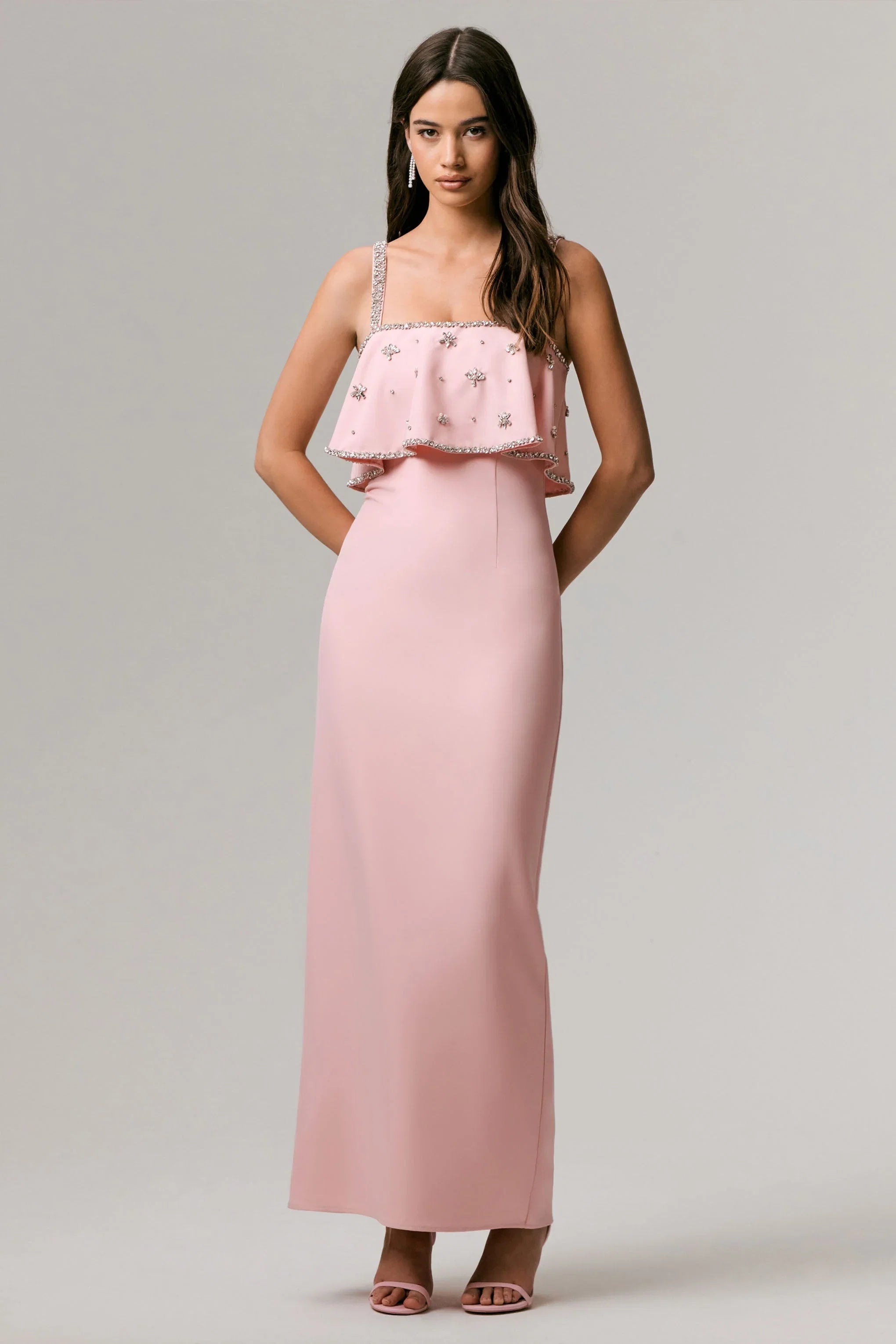 Scarlet Pale Pink Square Neck Embellished Maxi Dress