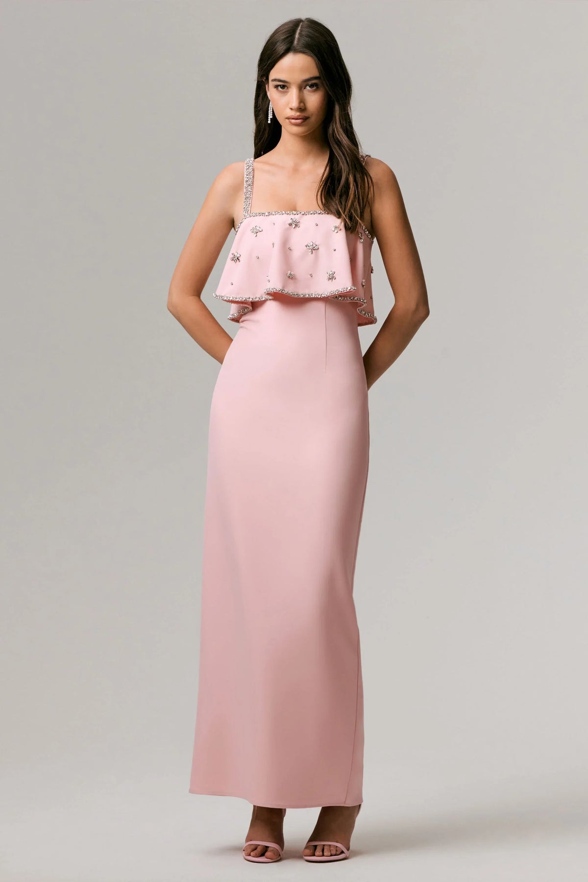 Scarlet Pale Pink Square Neck Embellished Maxi Dress