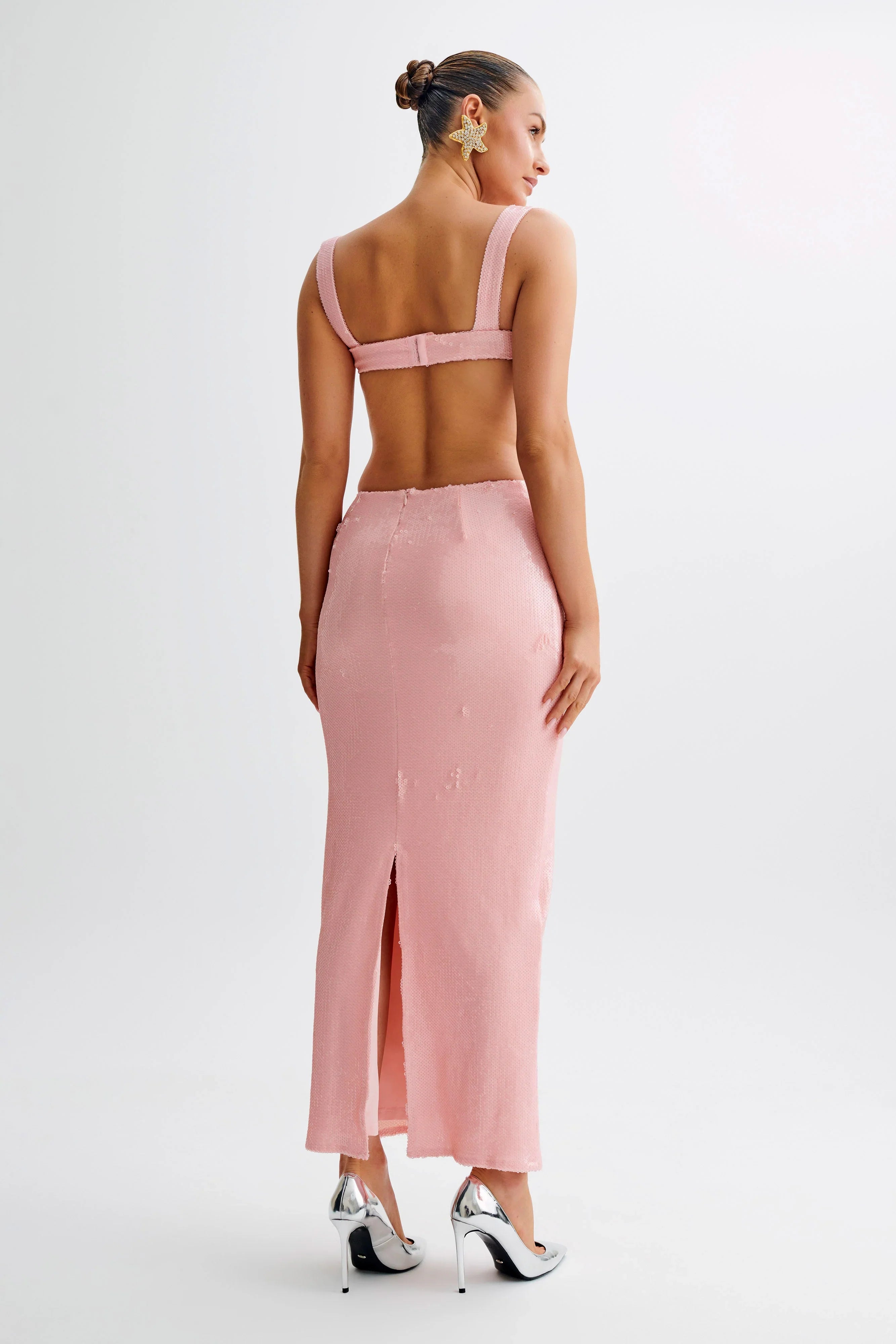 Adoria Sequin Cut Out Maxi Dress Pale Pink