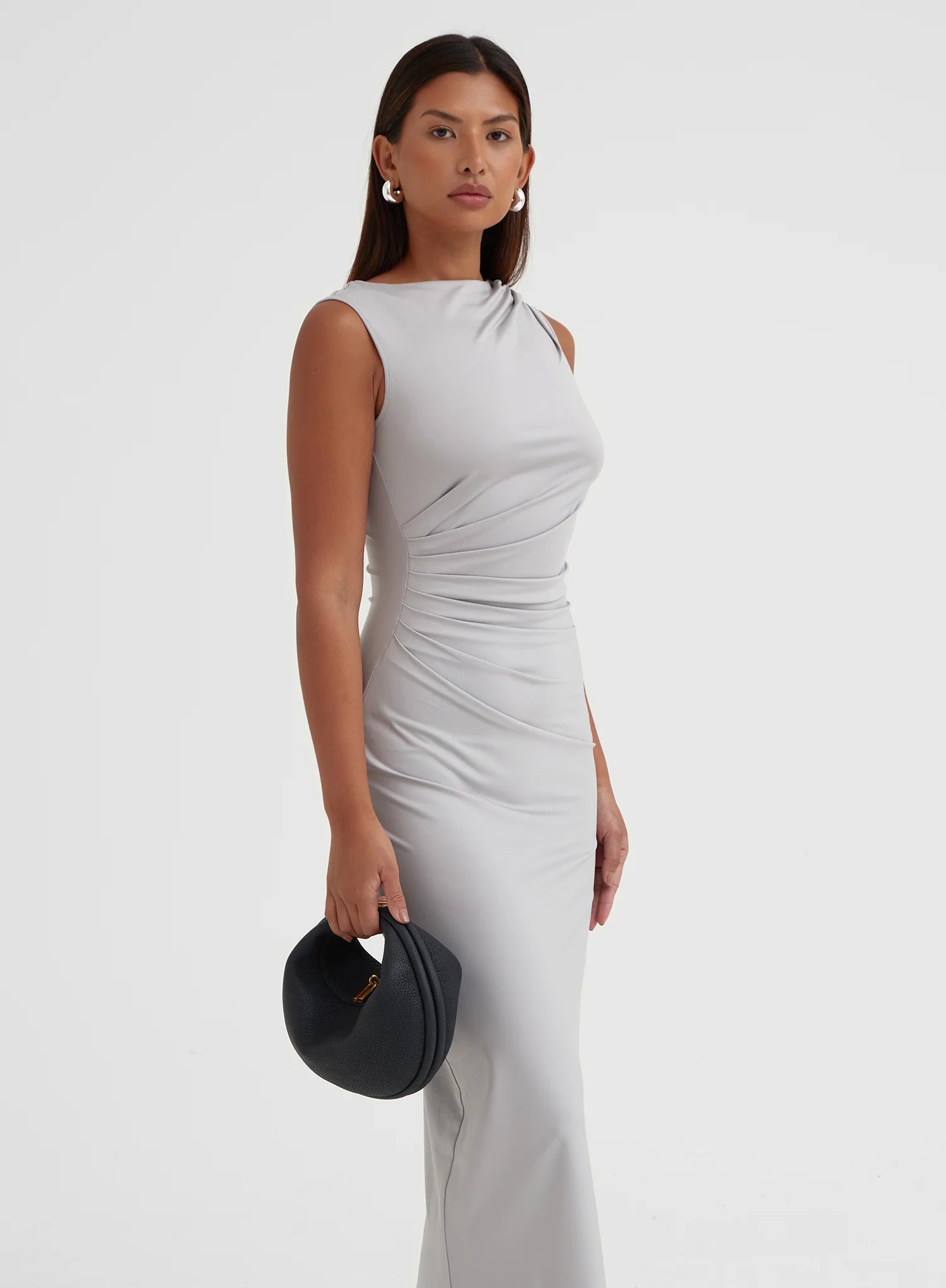 Grey Ruched Jersey Midaxi Dress
