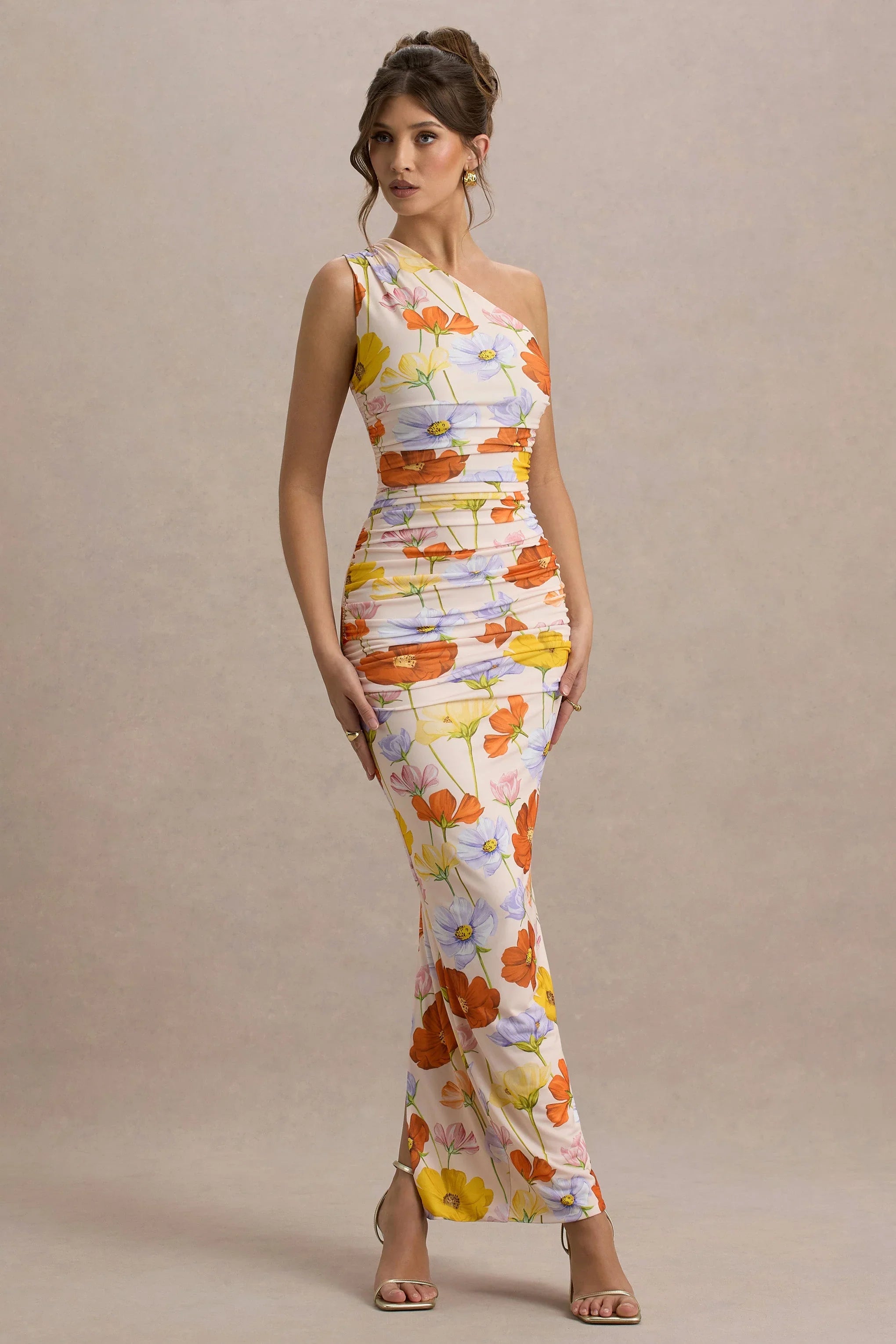 Dalarie Bright Floral Print One Shoulder Gathered Maxi Dress