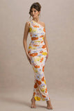 Dalarie Bright Floral Print One Shoulder Gathered Maxi Dress