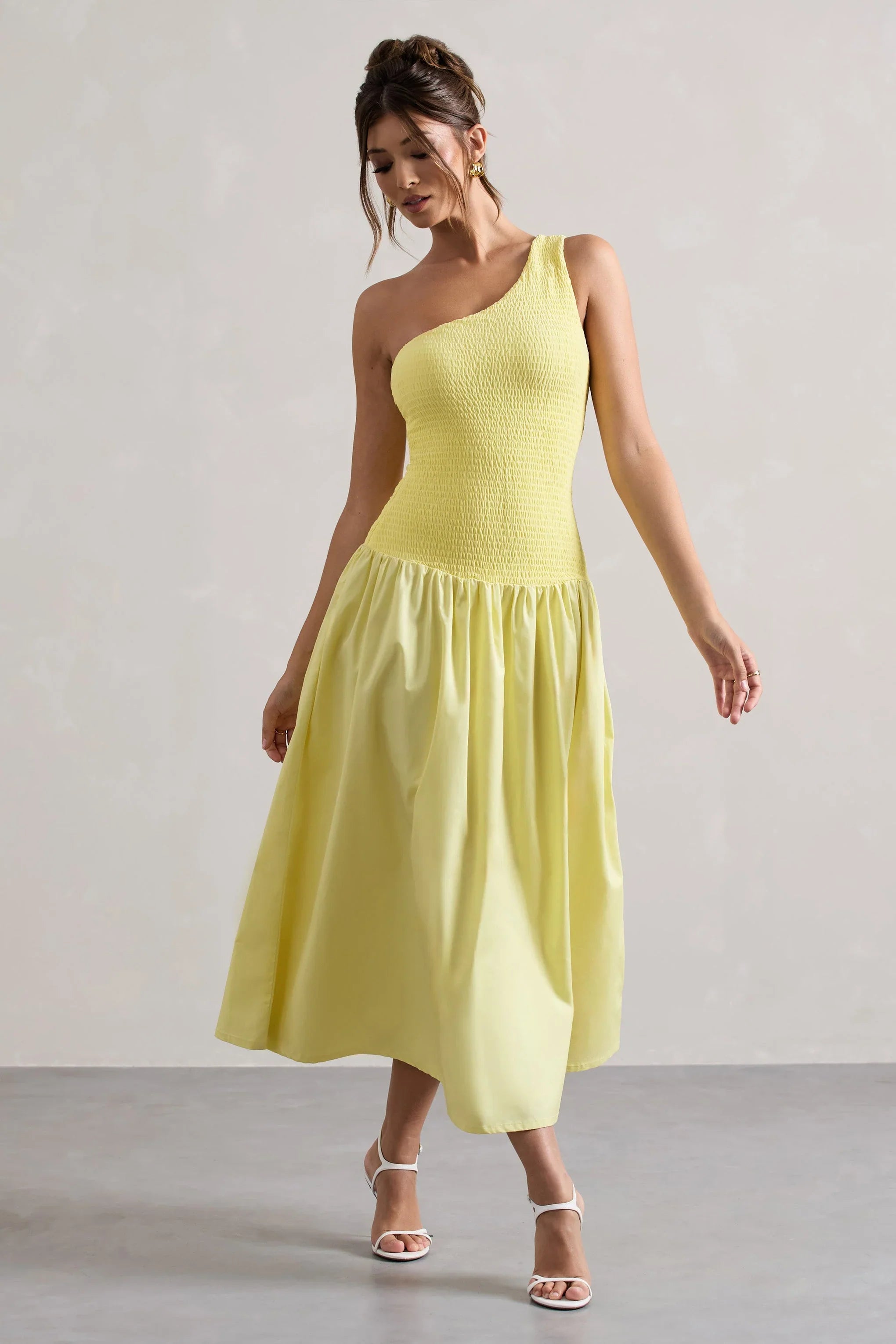 Sorbet Lemon Poplin One Shoulder Pleated Maxi Dress