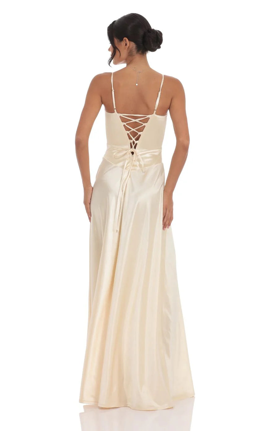 Satin Square Neck Maxi Dress in Champagne