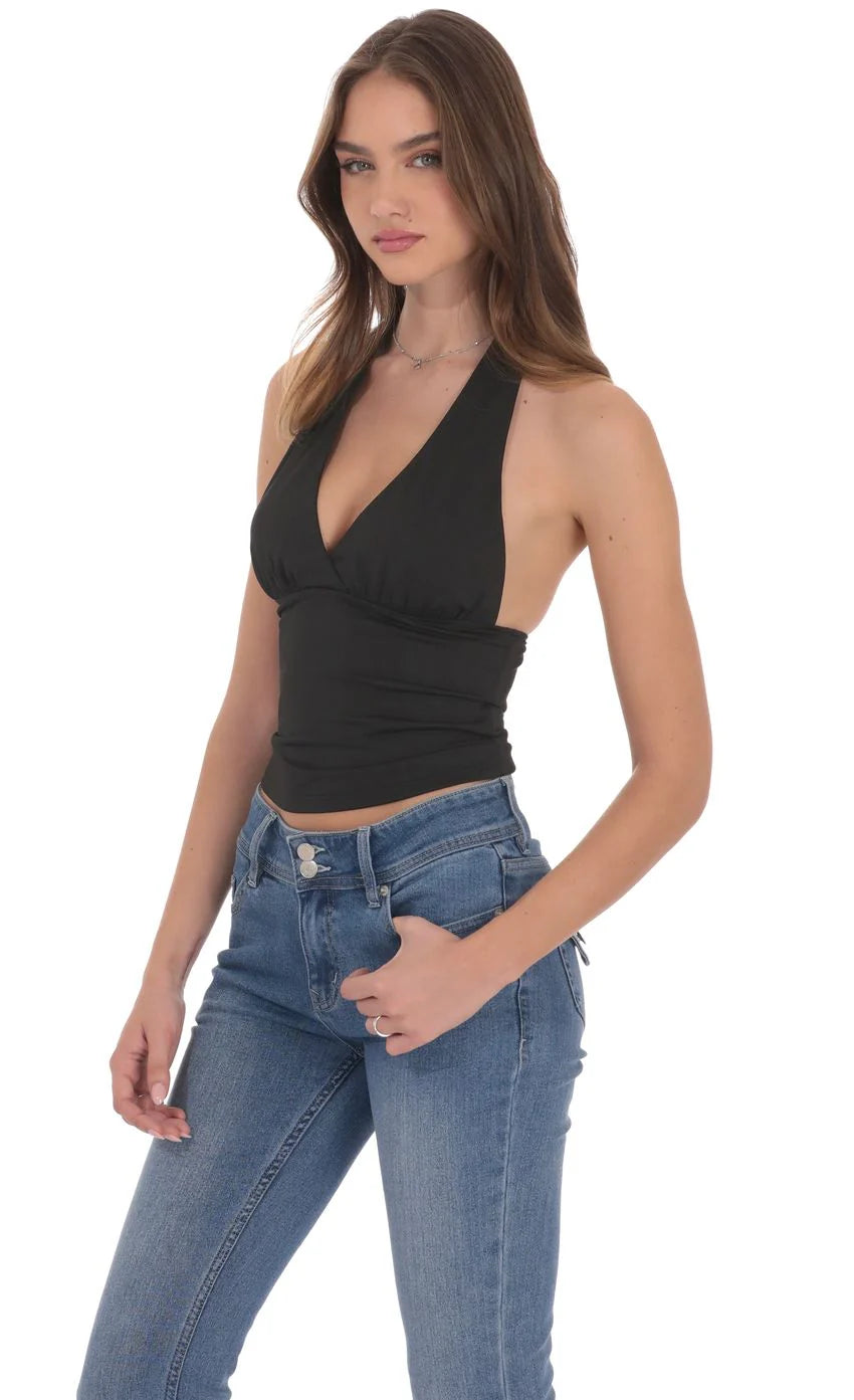 V Neck Halter Top in Black