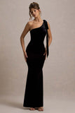 Jillian Black Velvet Asymmetric Maxi Dress With Bow Strap