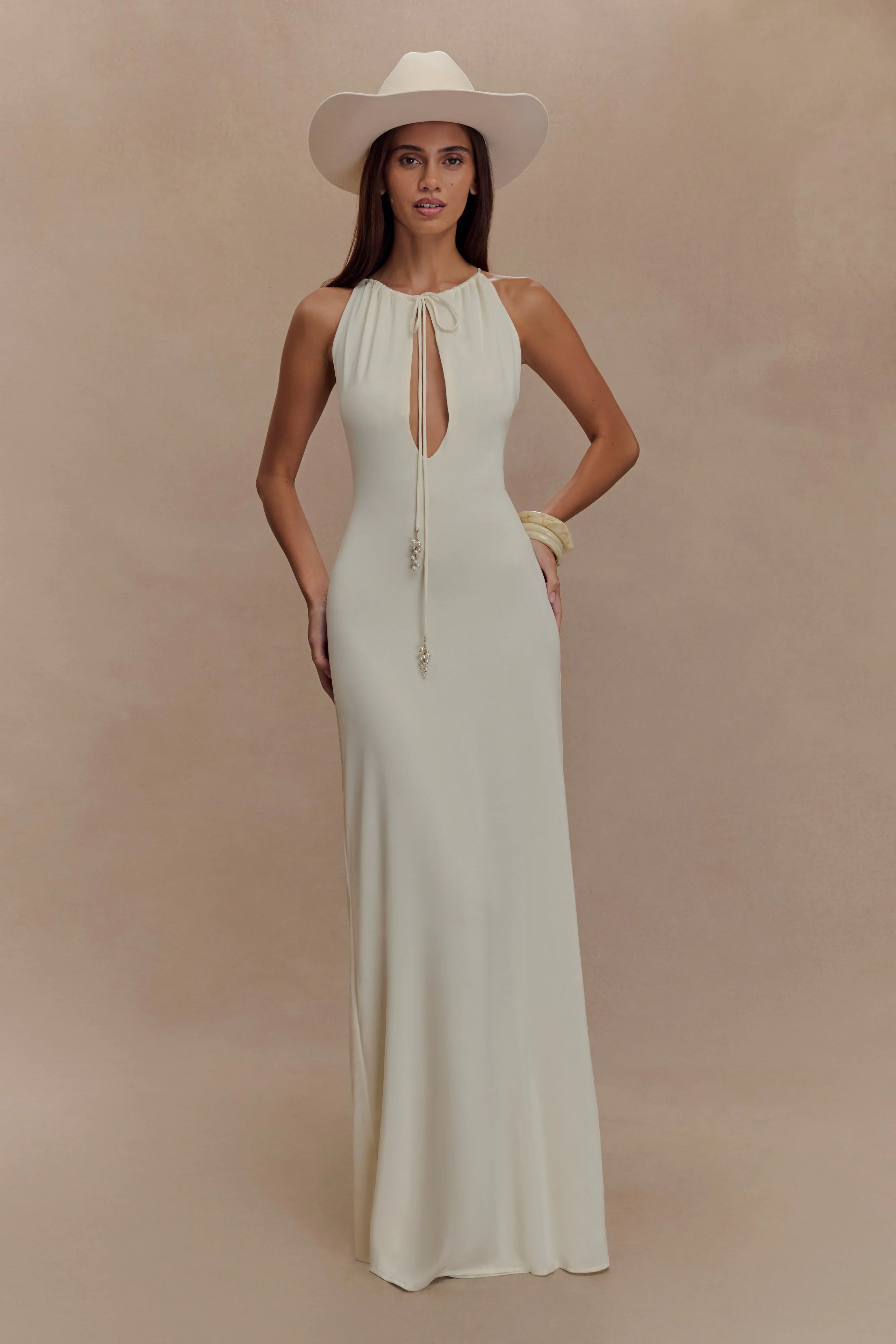 Beryl Slinky Maxi Dress With Pearls Ivory