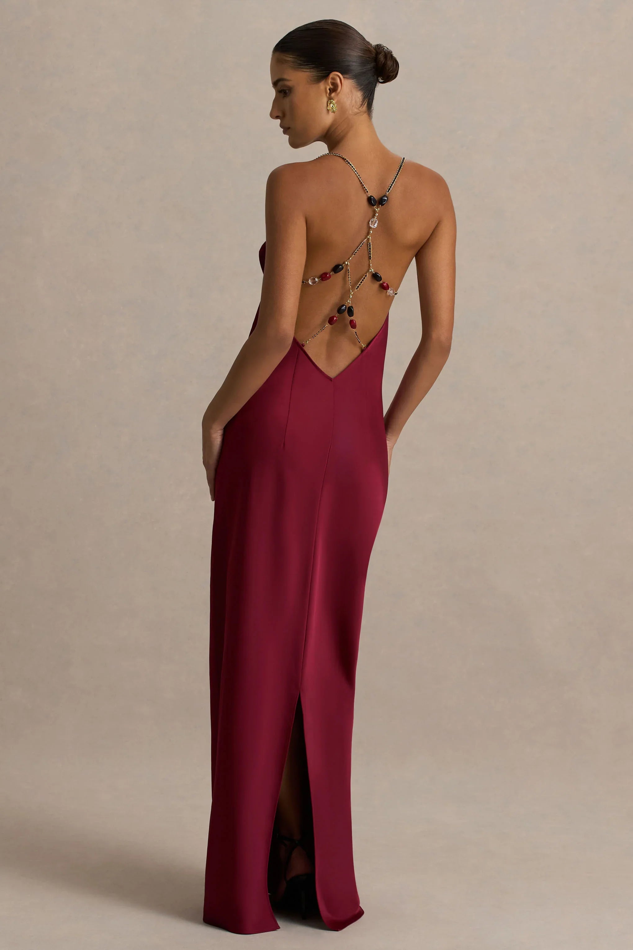 Cher Burgundy Satin Square Neck Maxi Dress With Embellished Detailed Open Back