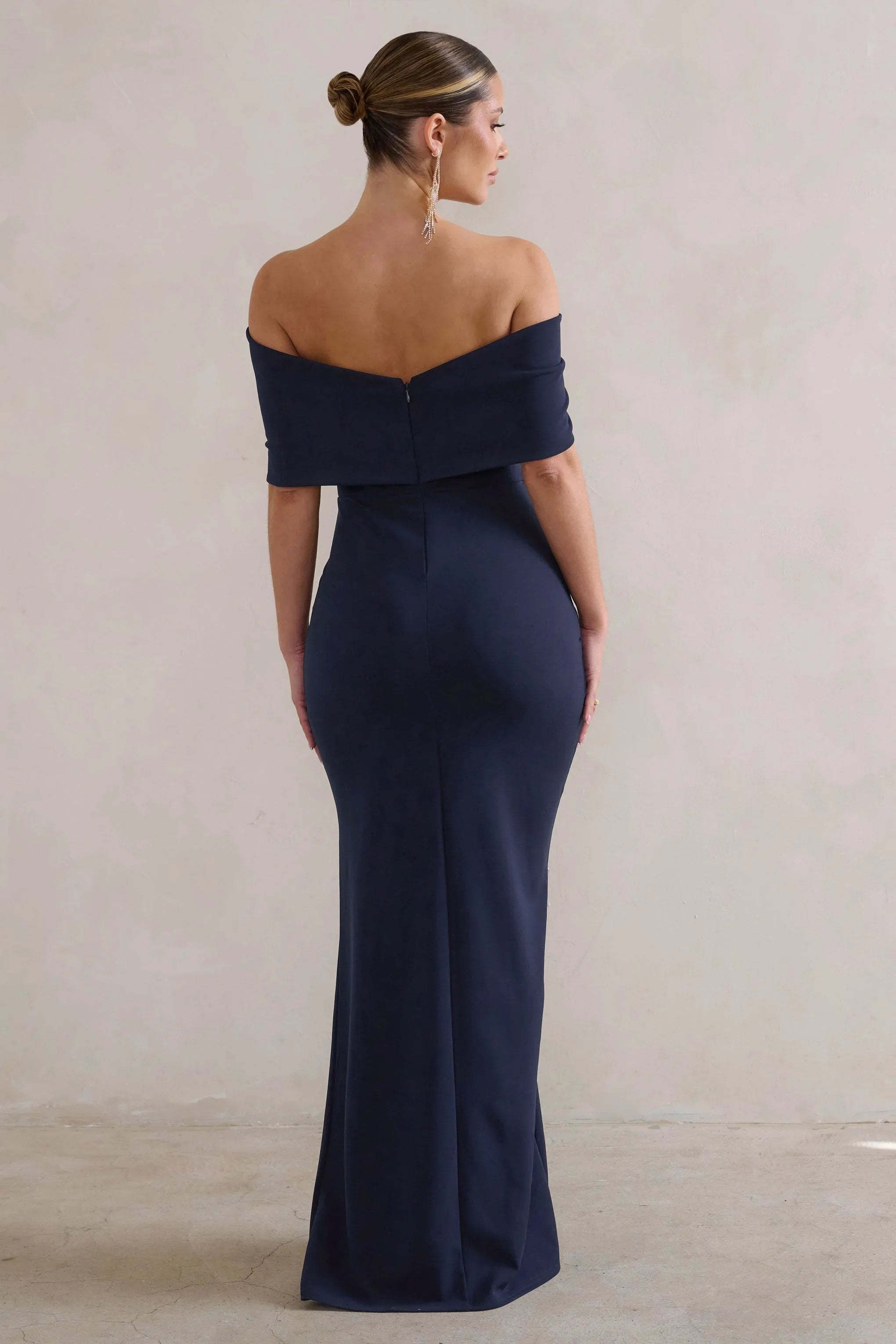 Eva Navy Bardot Bow Detail Maxi Dress With Thigh Split