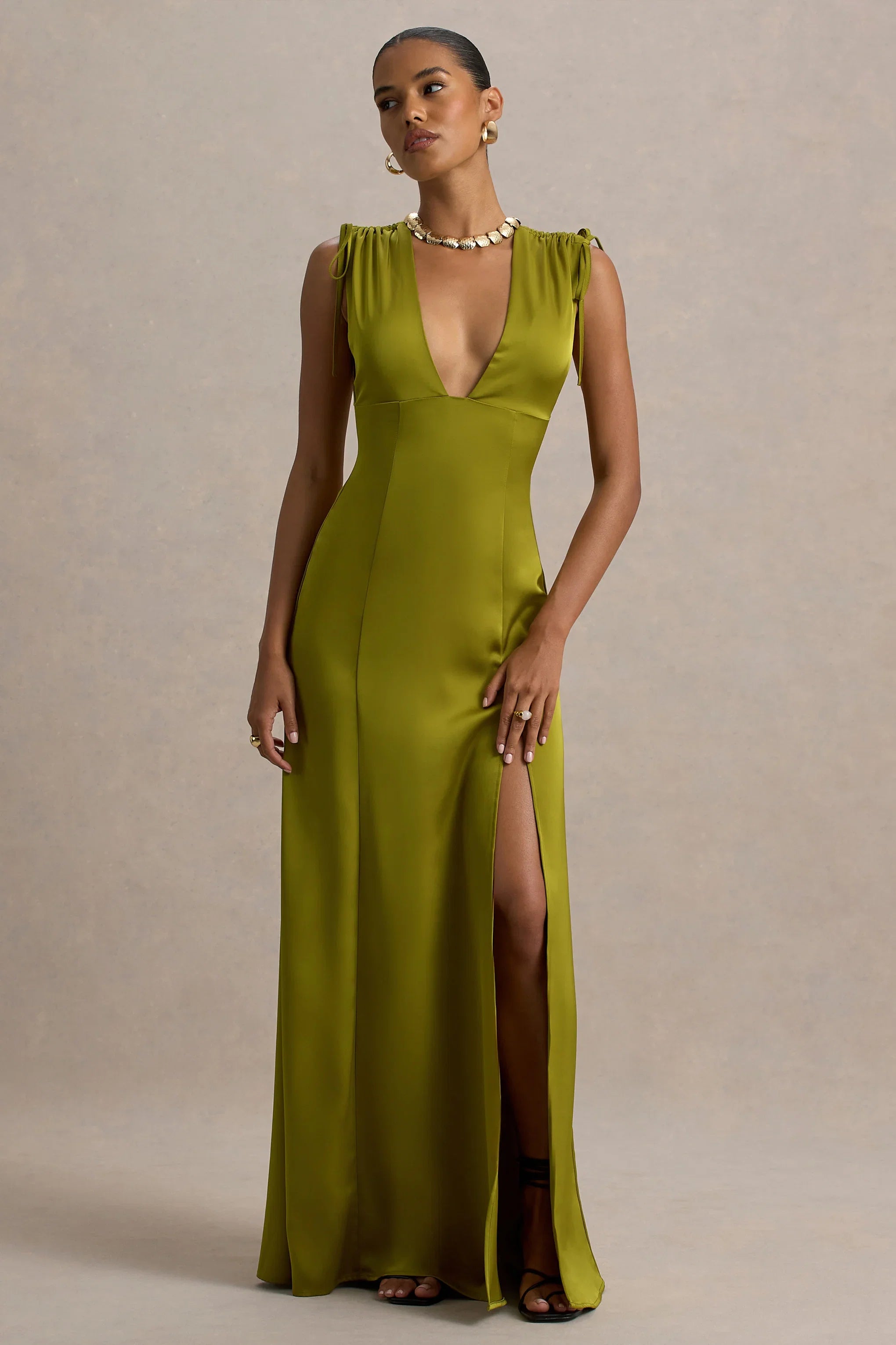 Ysabella Olive Satin Plunge Neck Split Maxi Dress