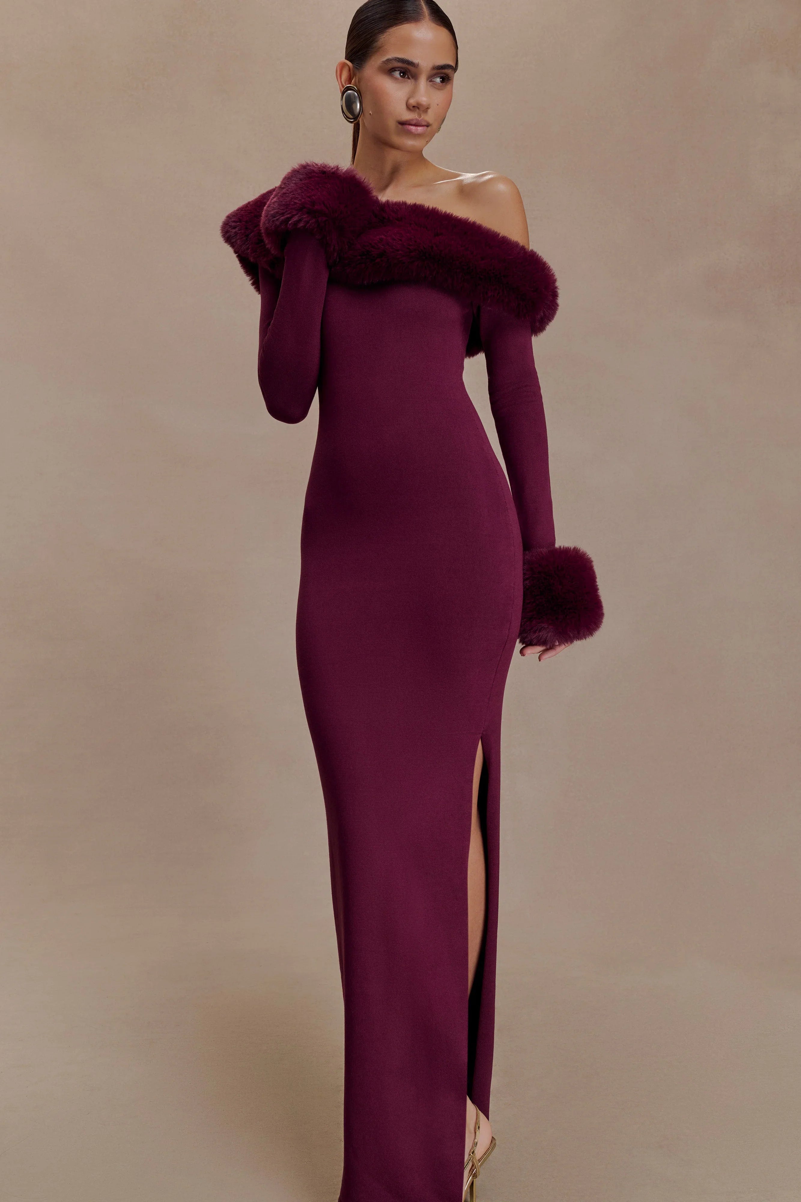 Karleigh Faux Fur Knit Maxi Dress Plum