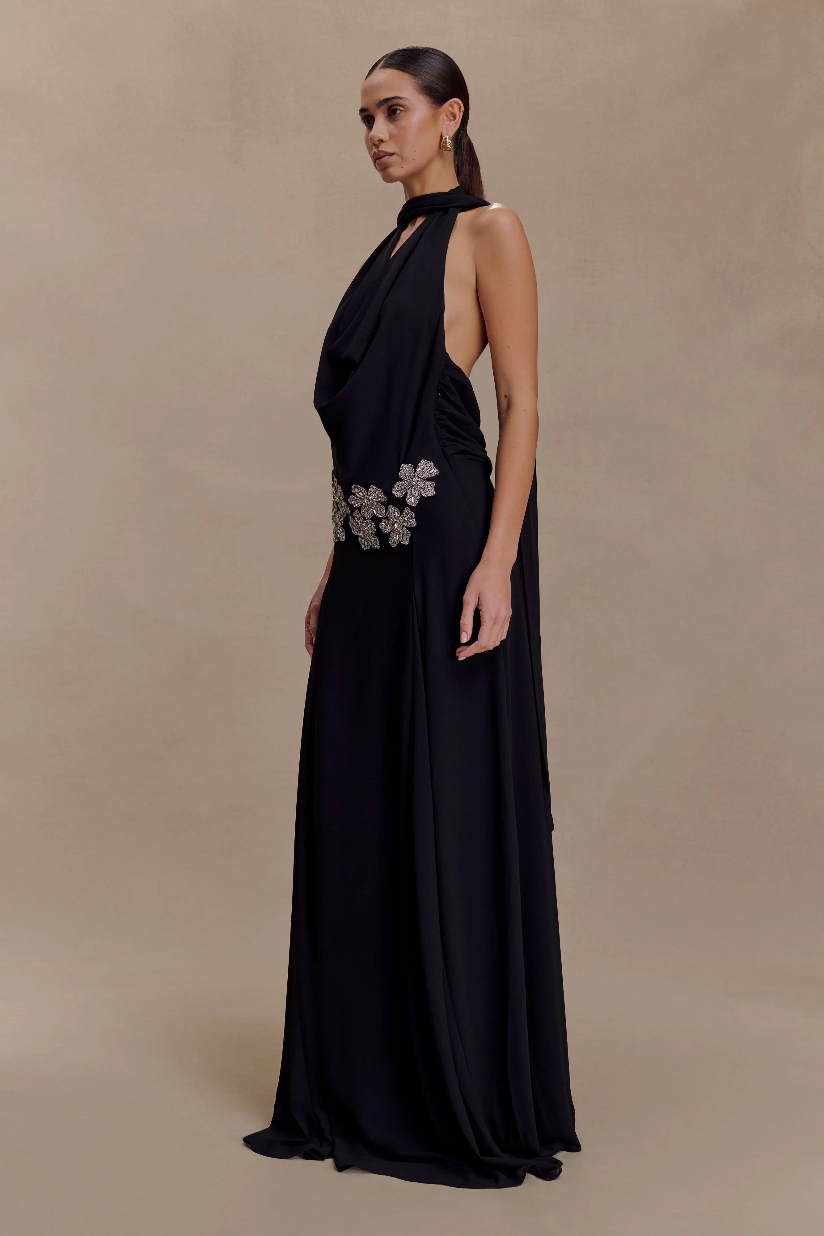 Santal Floral Chiffon Halter Maxi Dress Black