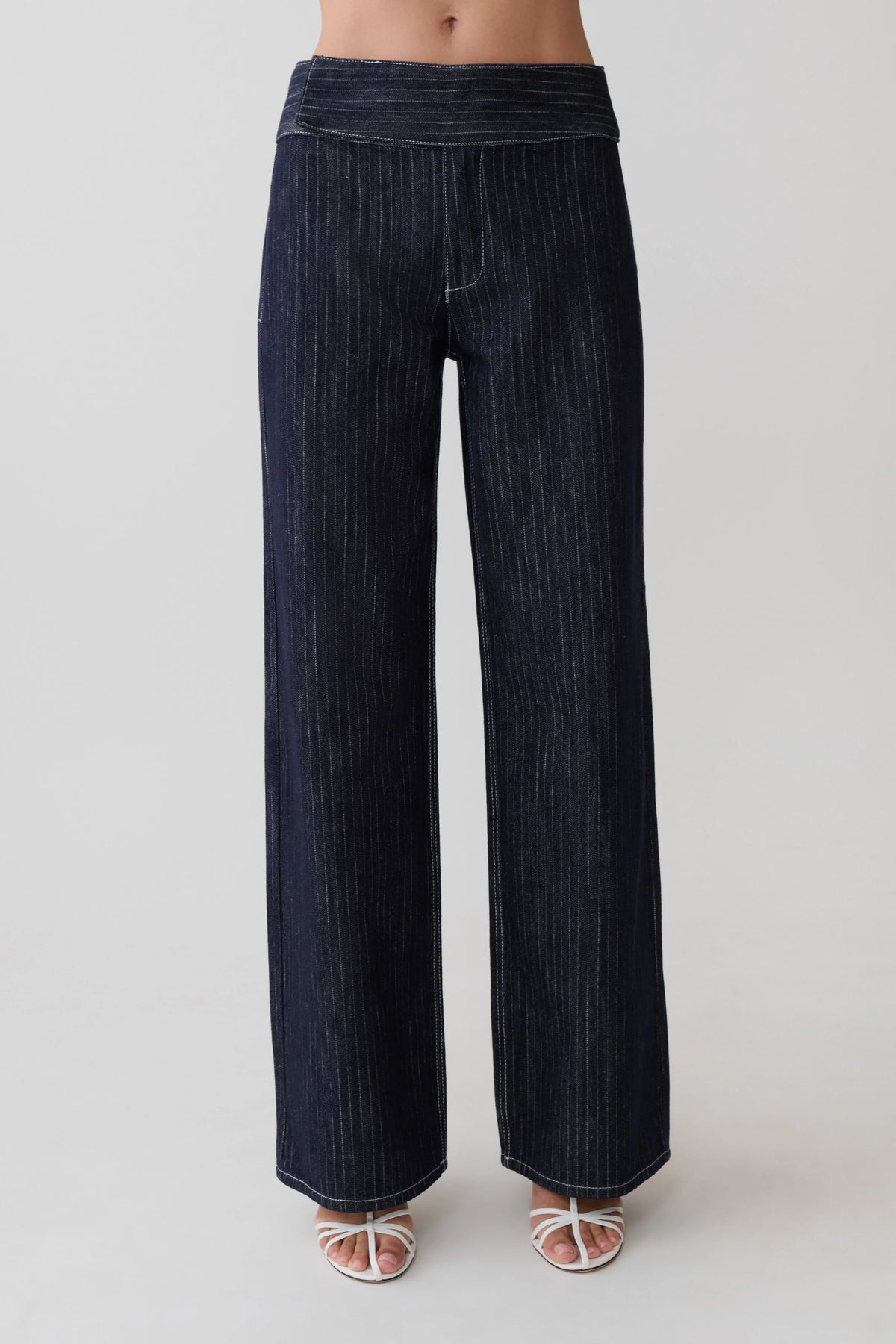 Sienna Flare Mid Rise Denim Jeans Indigo Pinstripe