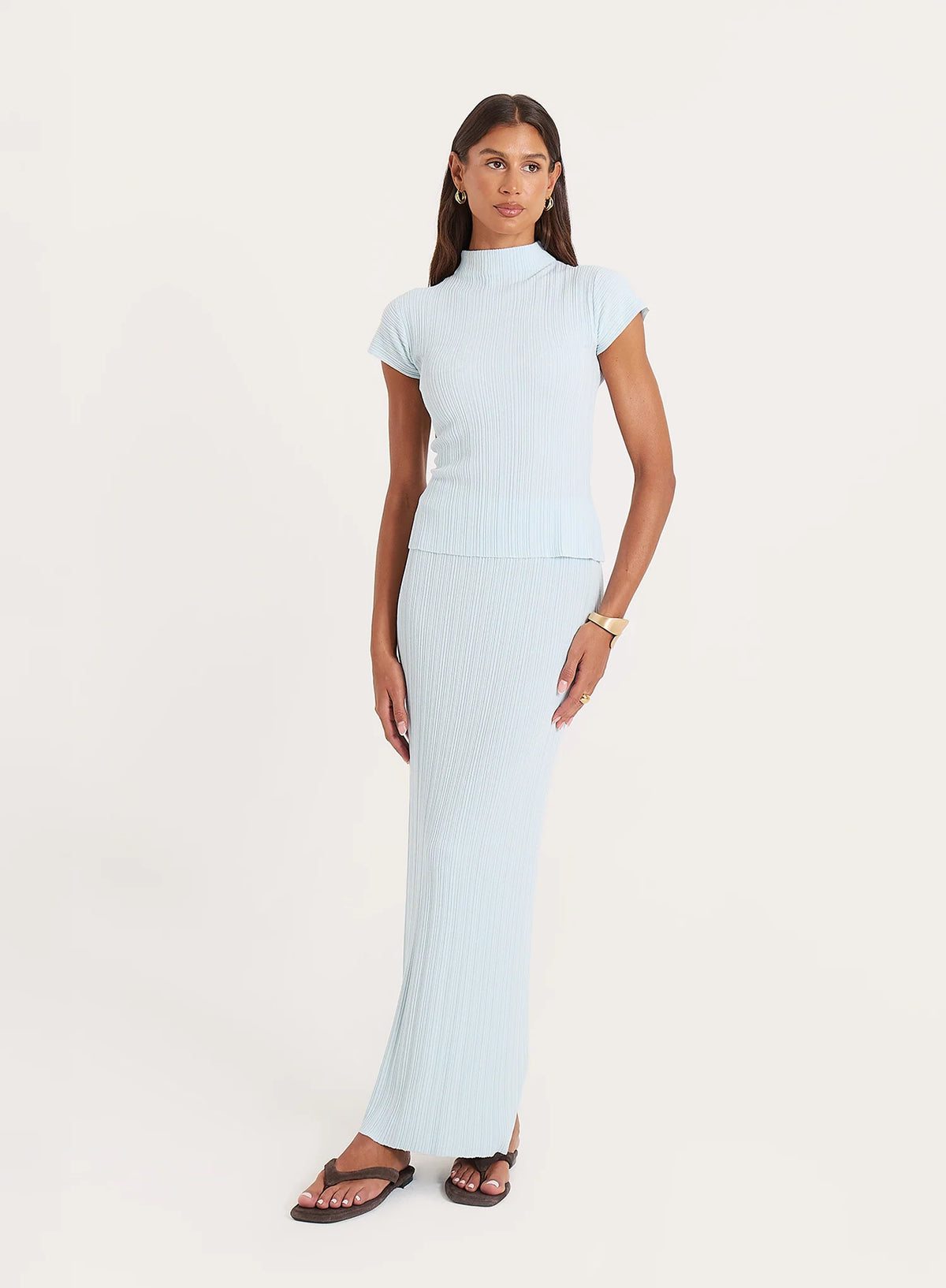 Blue Textured Fine Knit Maxi Skirt