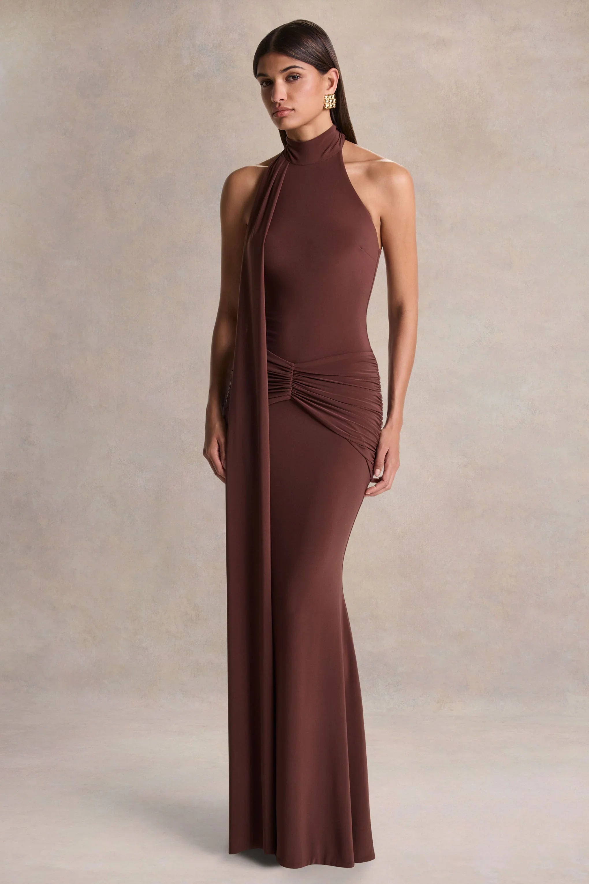 Hyla Brown High Neck Maxi Dress With Sash Detail