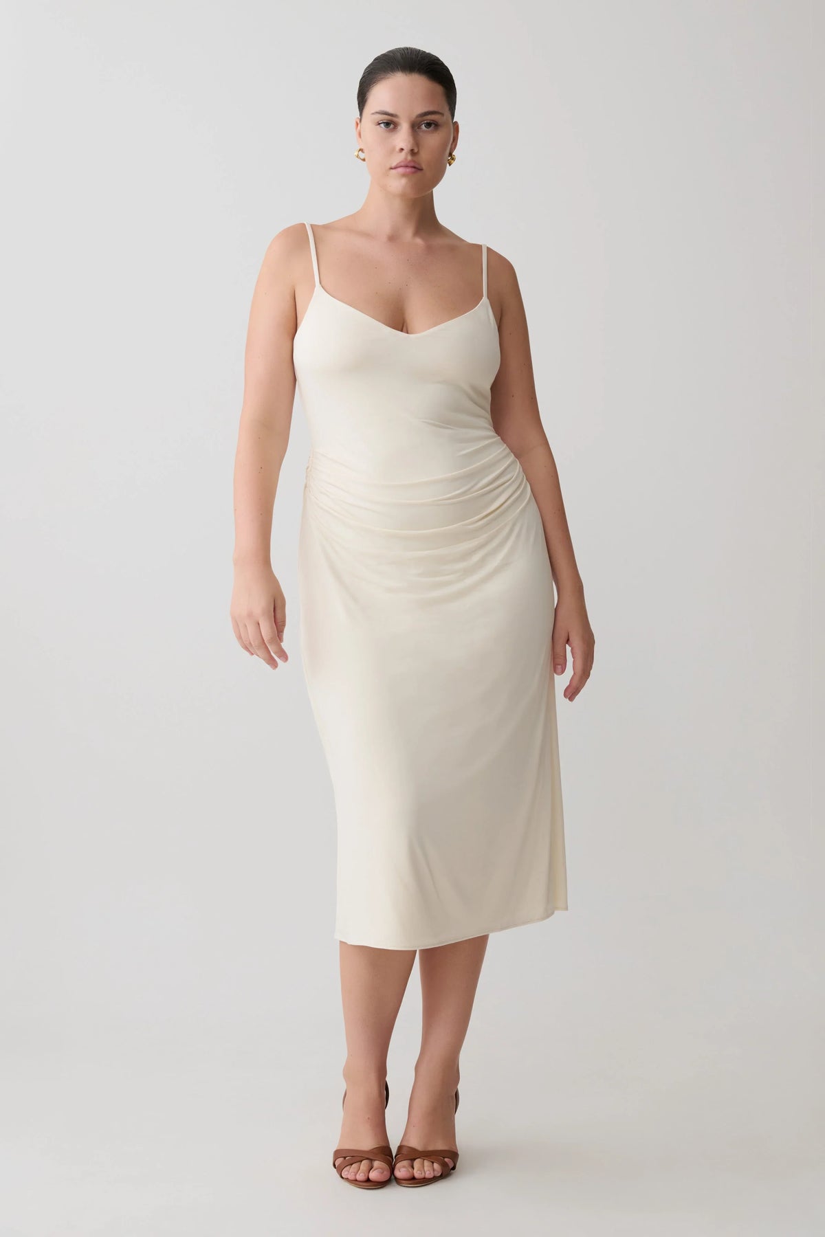 Vina Gathered Jersey Midi Dress Ivory