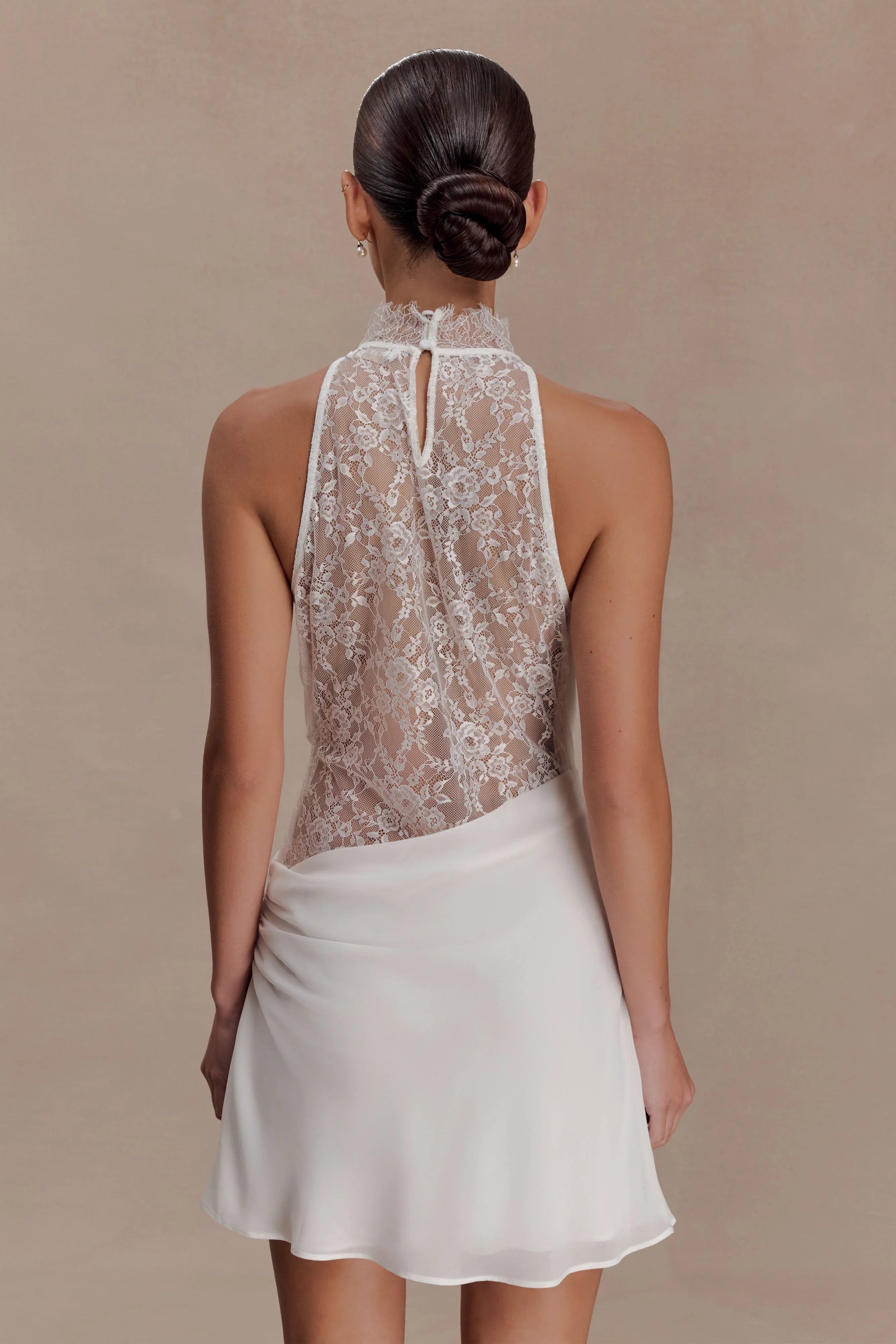 Arra Chiffon And Lace Halter Mini Dress White