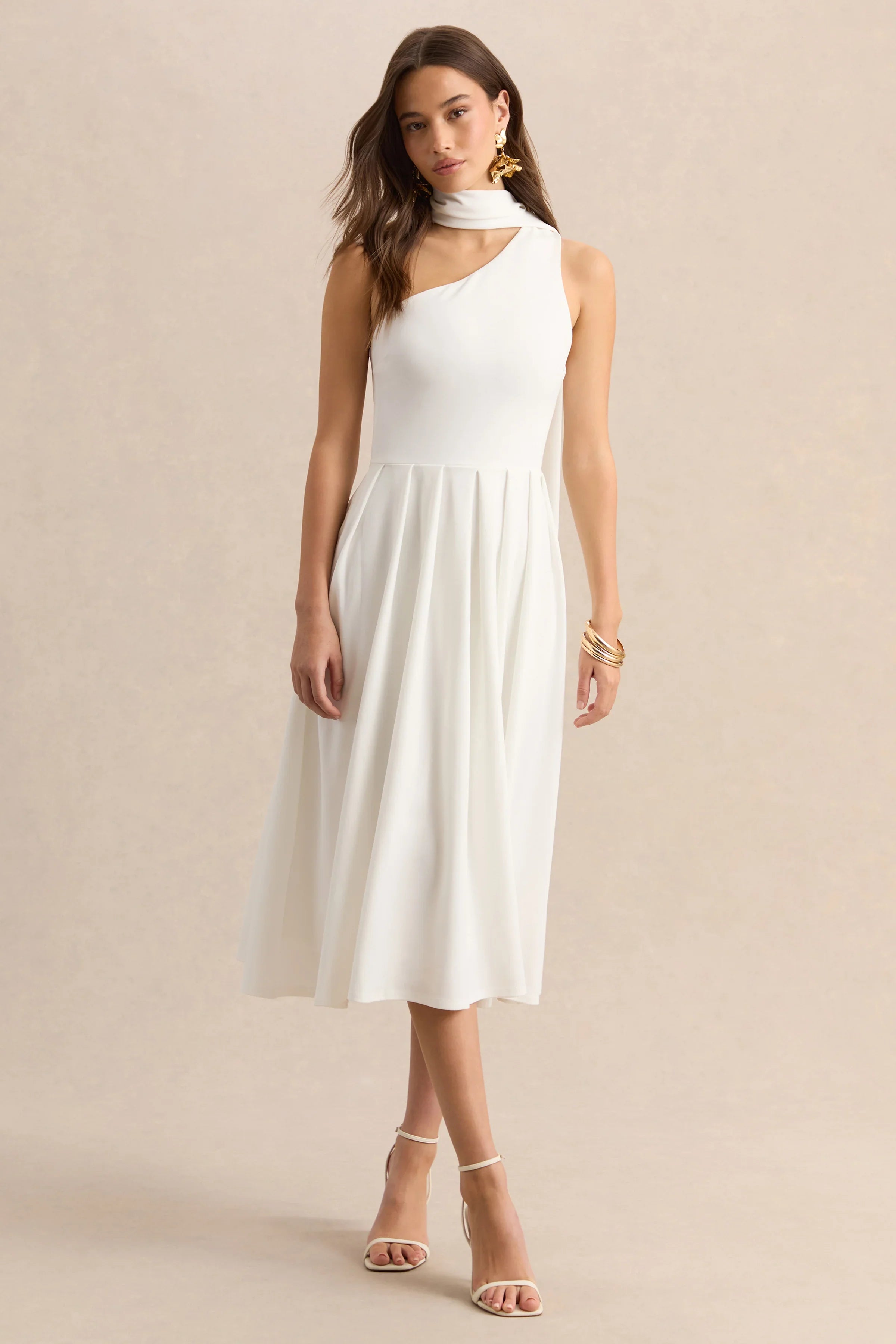 Odette White Asymmetric Neck Midi Dress With Scarf