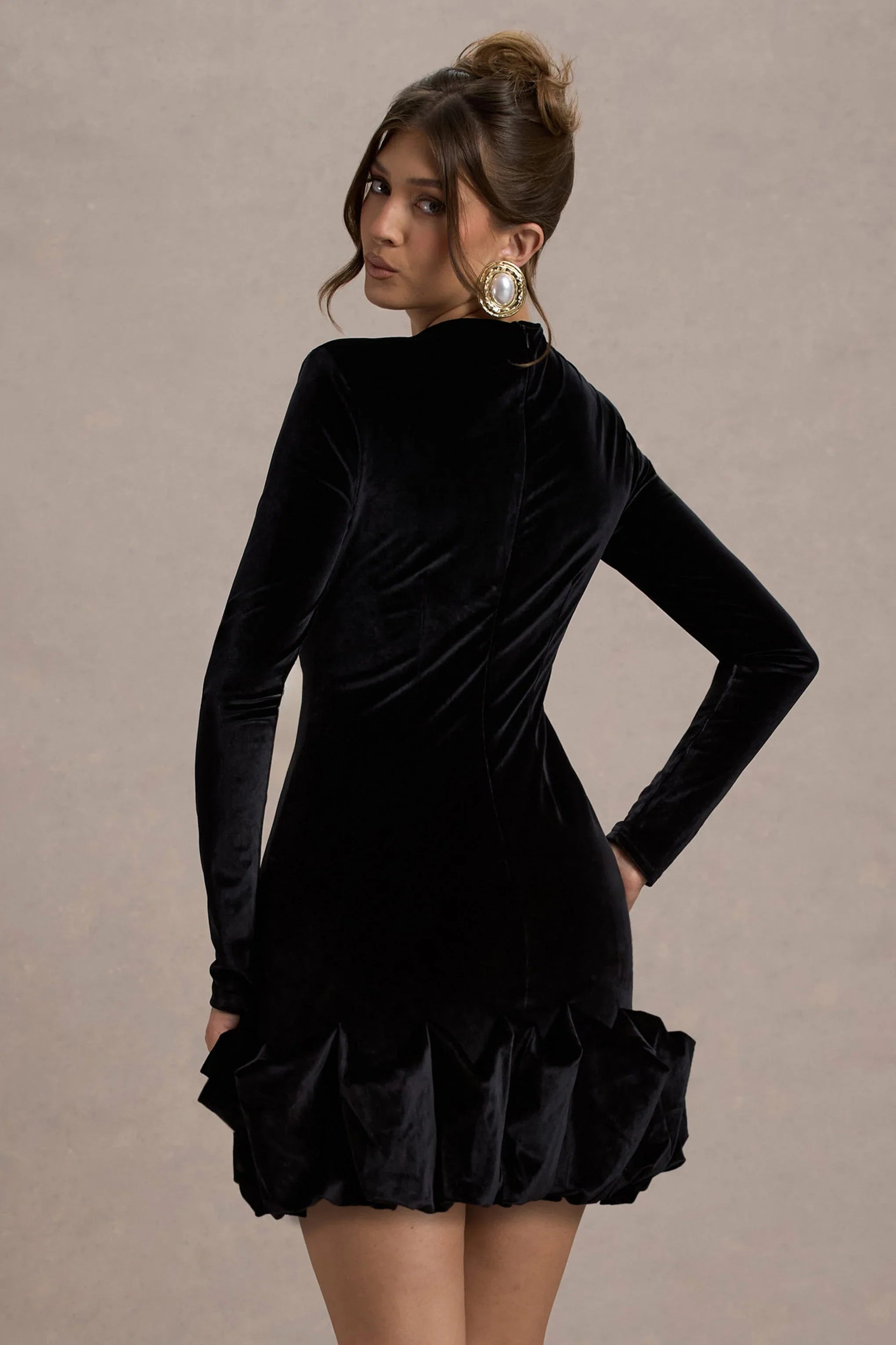 Claudine Black Velvet Long Sleeved Ruffled Mini Dress