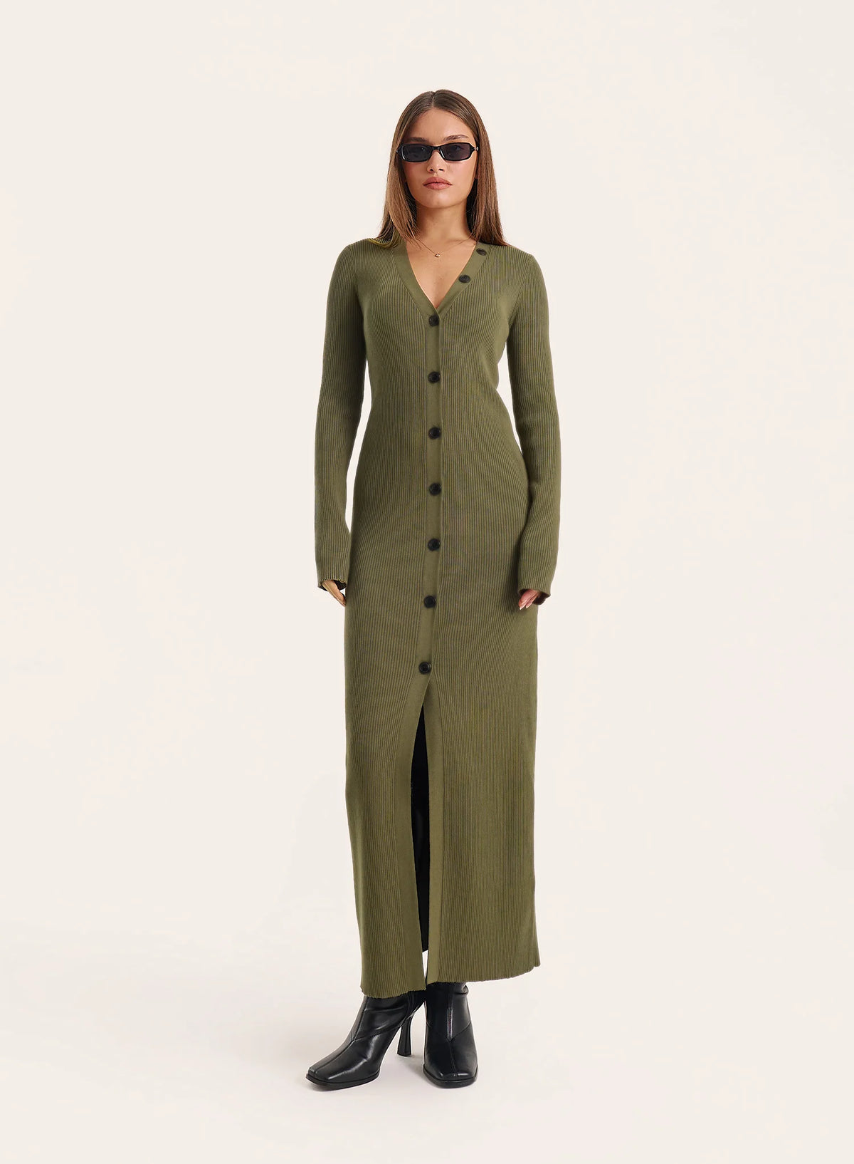 Olive V Neck Knitted Maxi Dress