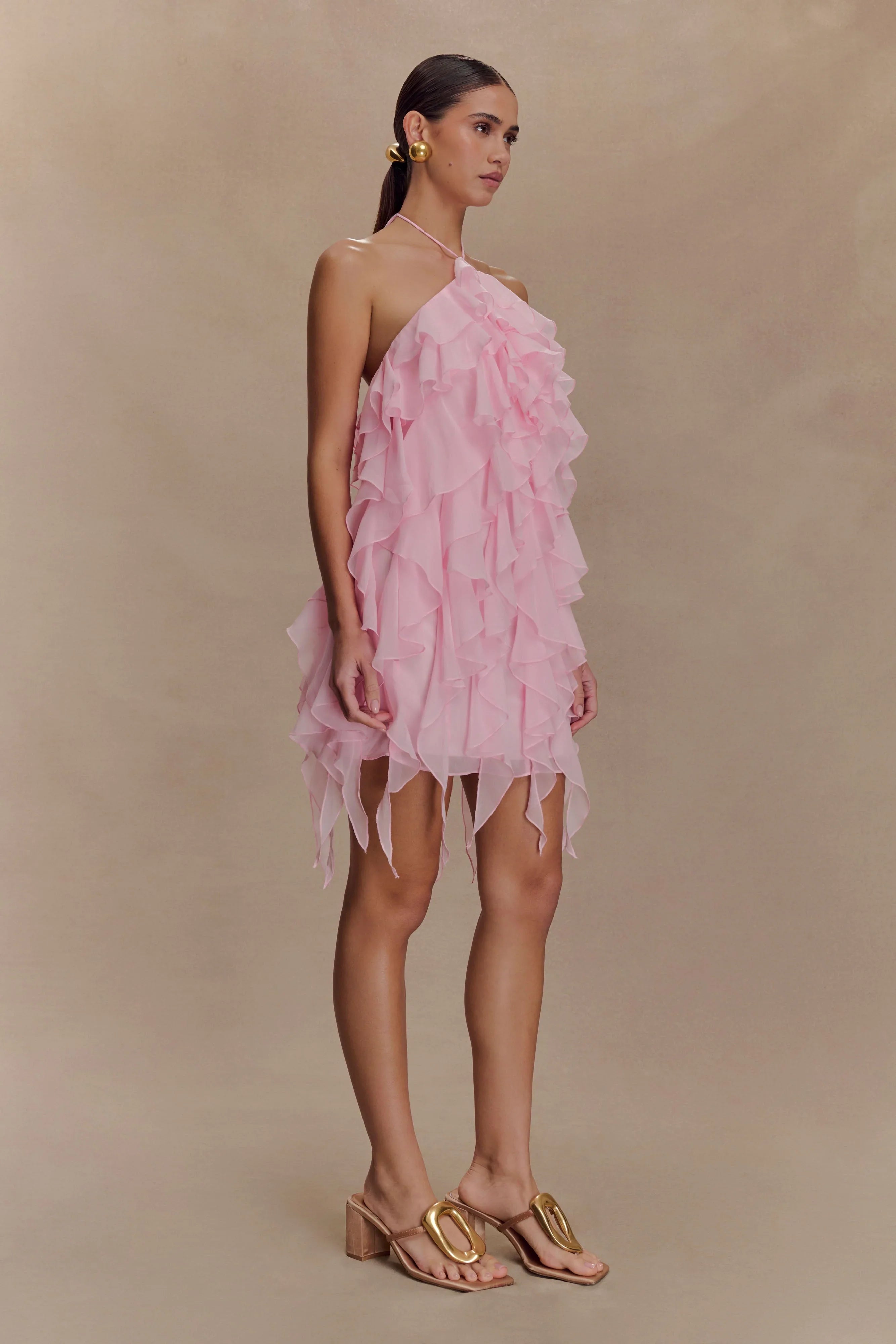 Marigold Ruffle Halter Mini Dress Powder Pink