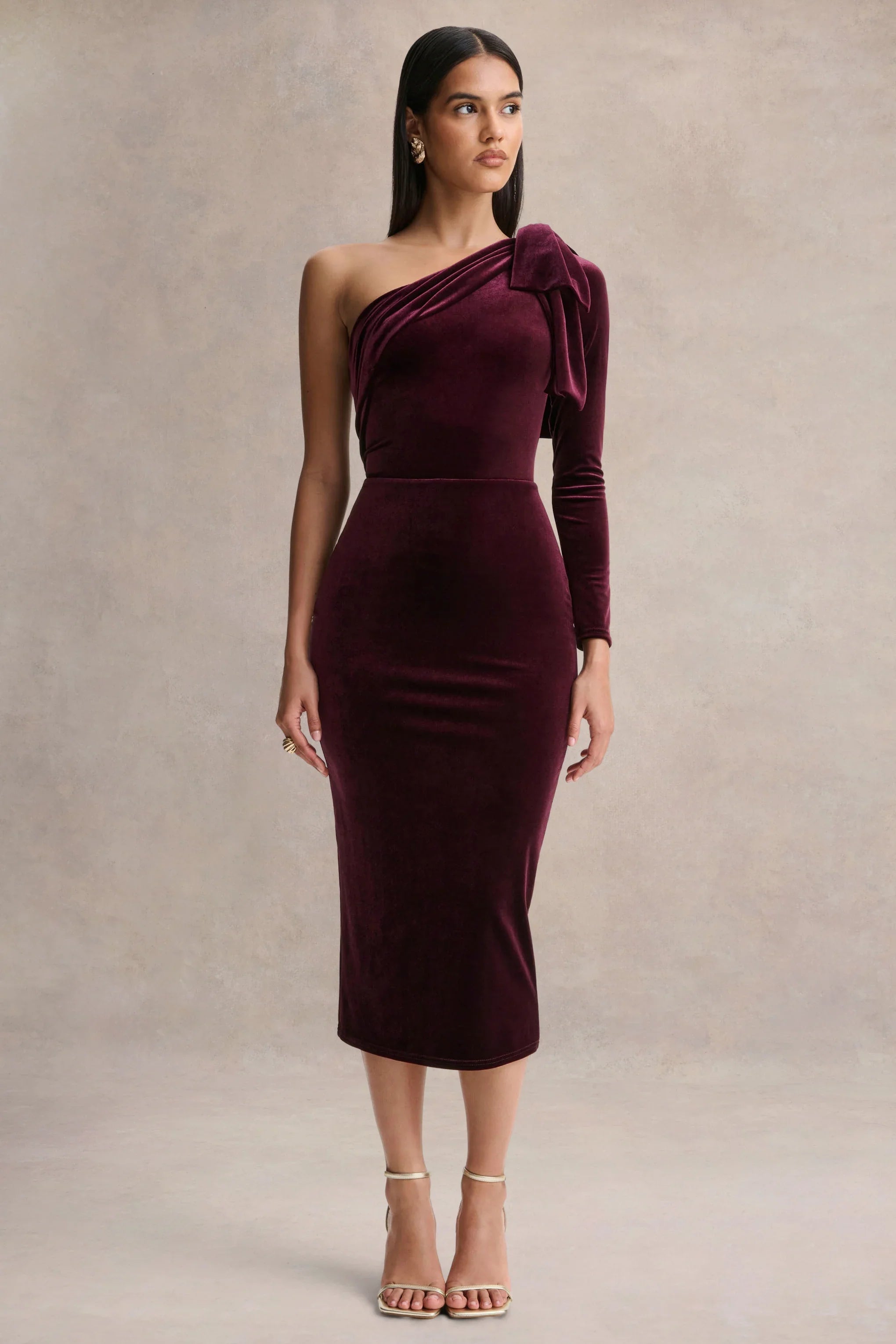 Vespera Burgundy Velvet Asymmetric Neck Midi Dress With Bow Detail