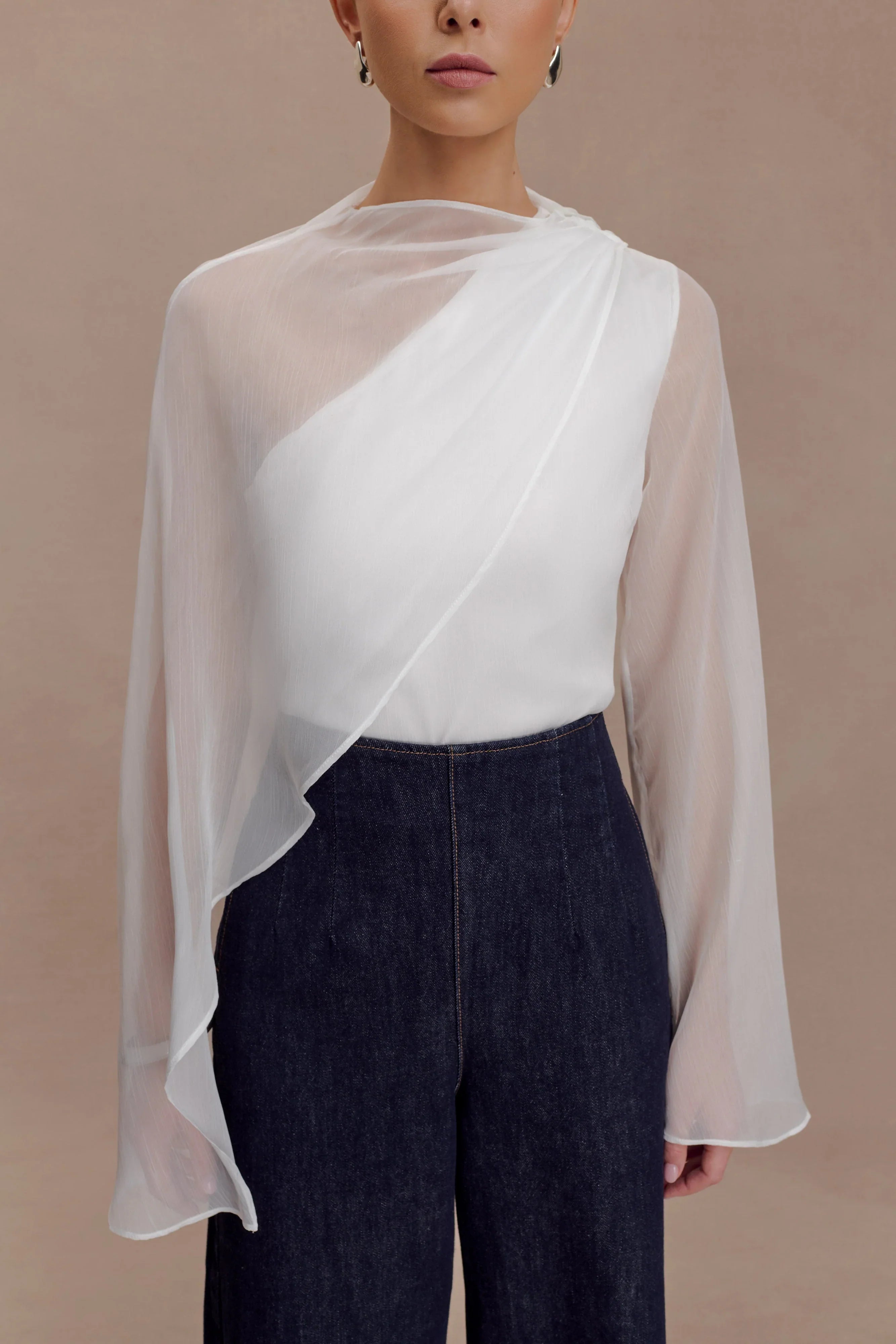 Ida Sheer Asymmetrical Long Sleeve Cape White