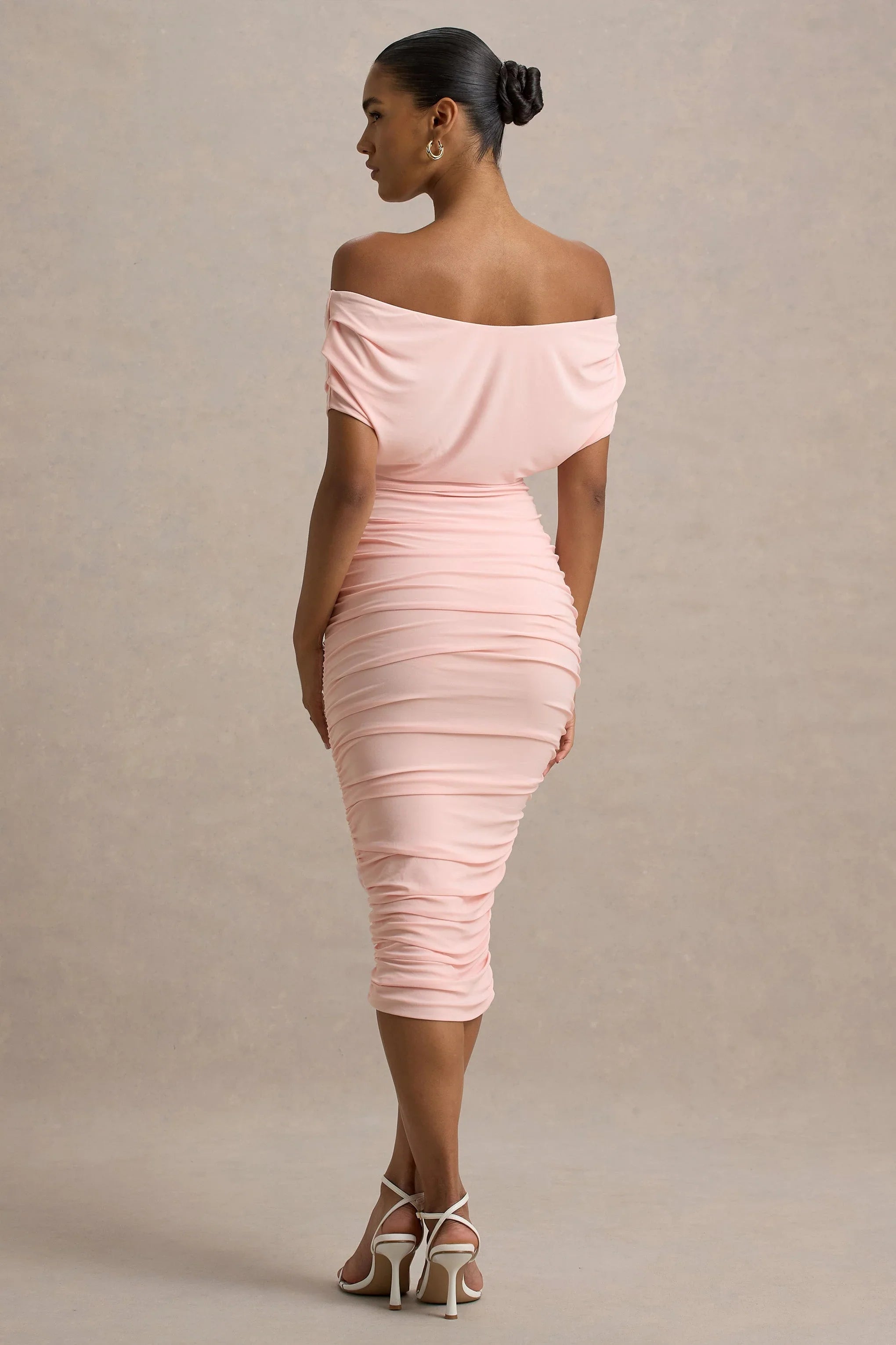 Rayleigh Pink Bardot Ruched Midi Dress