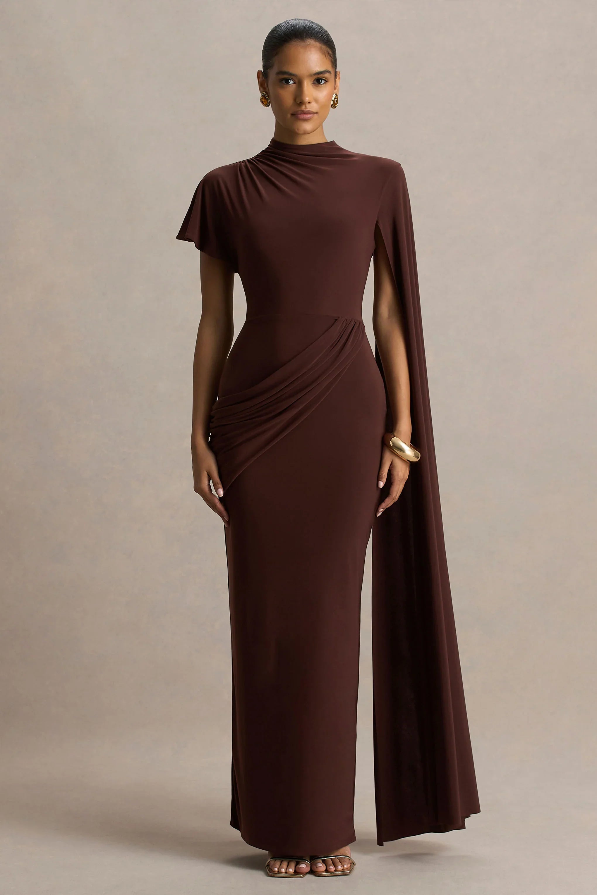 Tropic Brown High Neck Maxi With Long Cape Sleeve