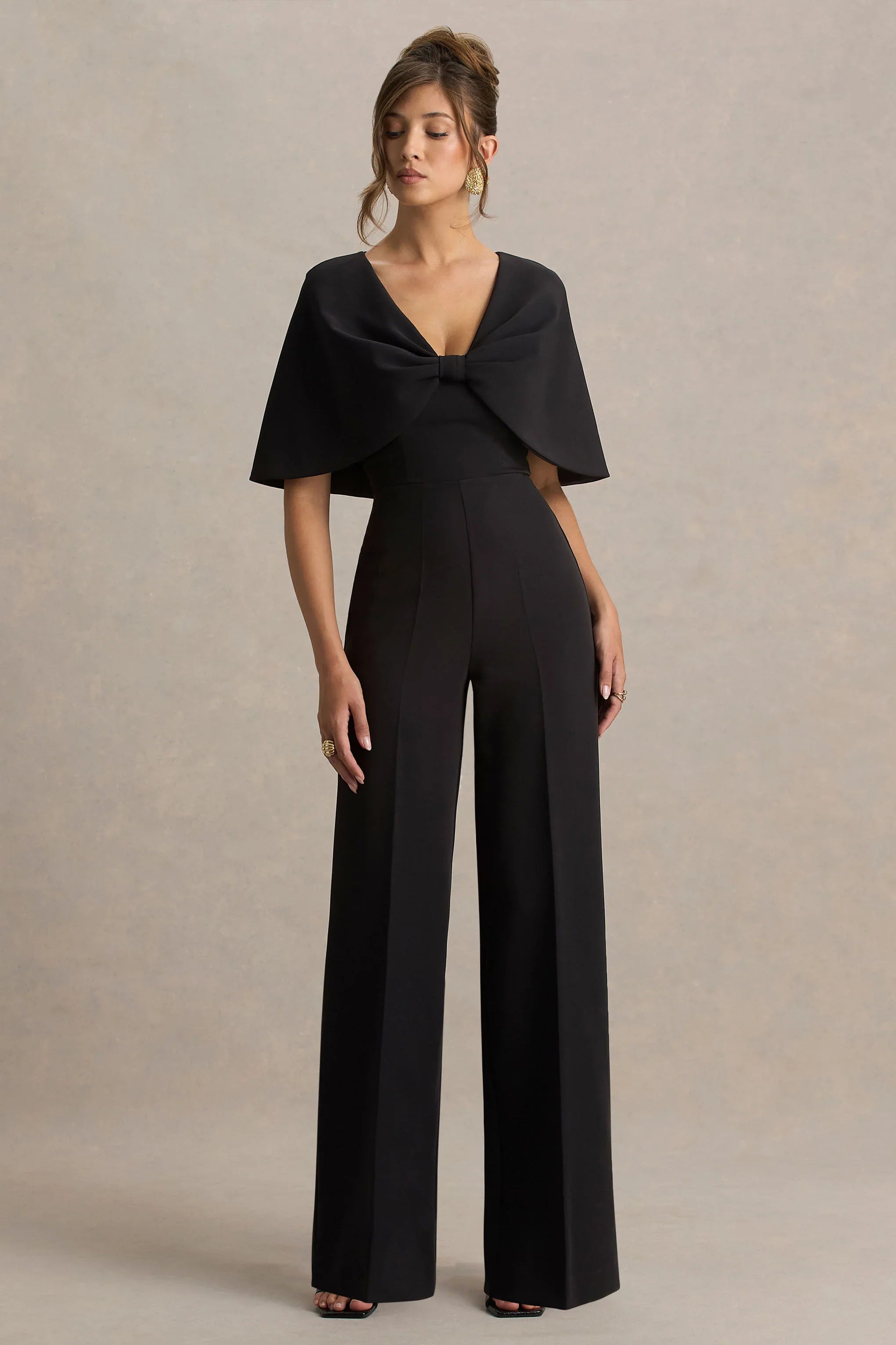 Vivid Black Plunge Neck Jumpsuit With Bow Detail