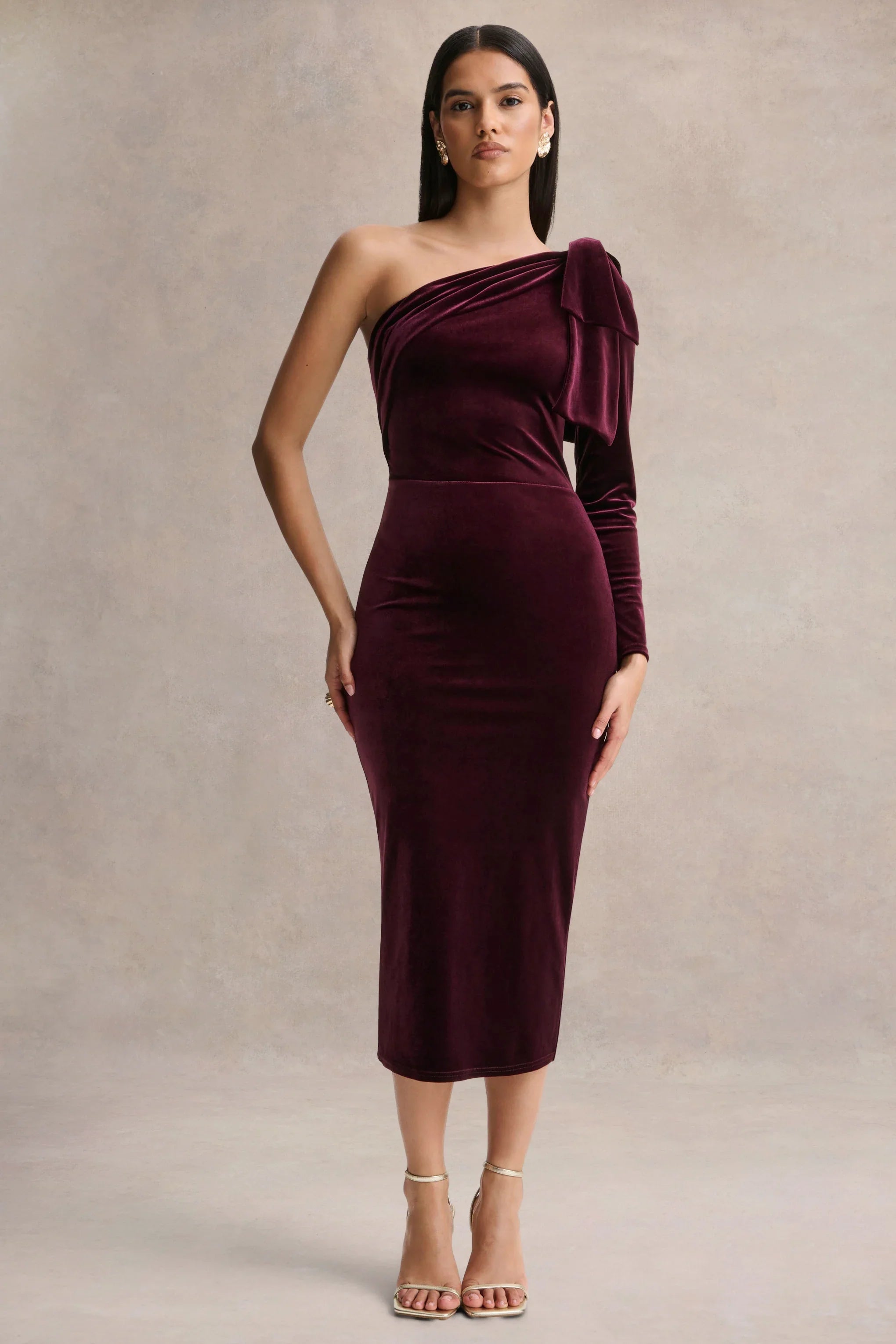 Vespera Burgundy Velvet Asymmetric Neck Midi Dress With Bow Detail