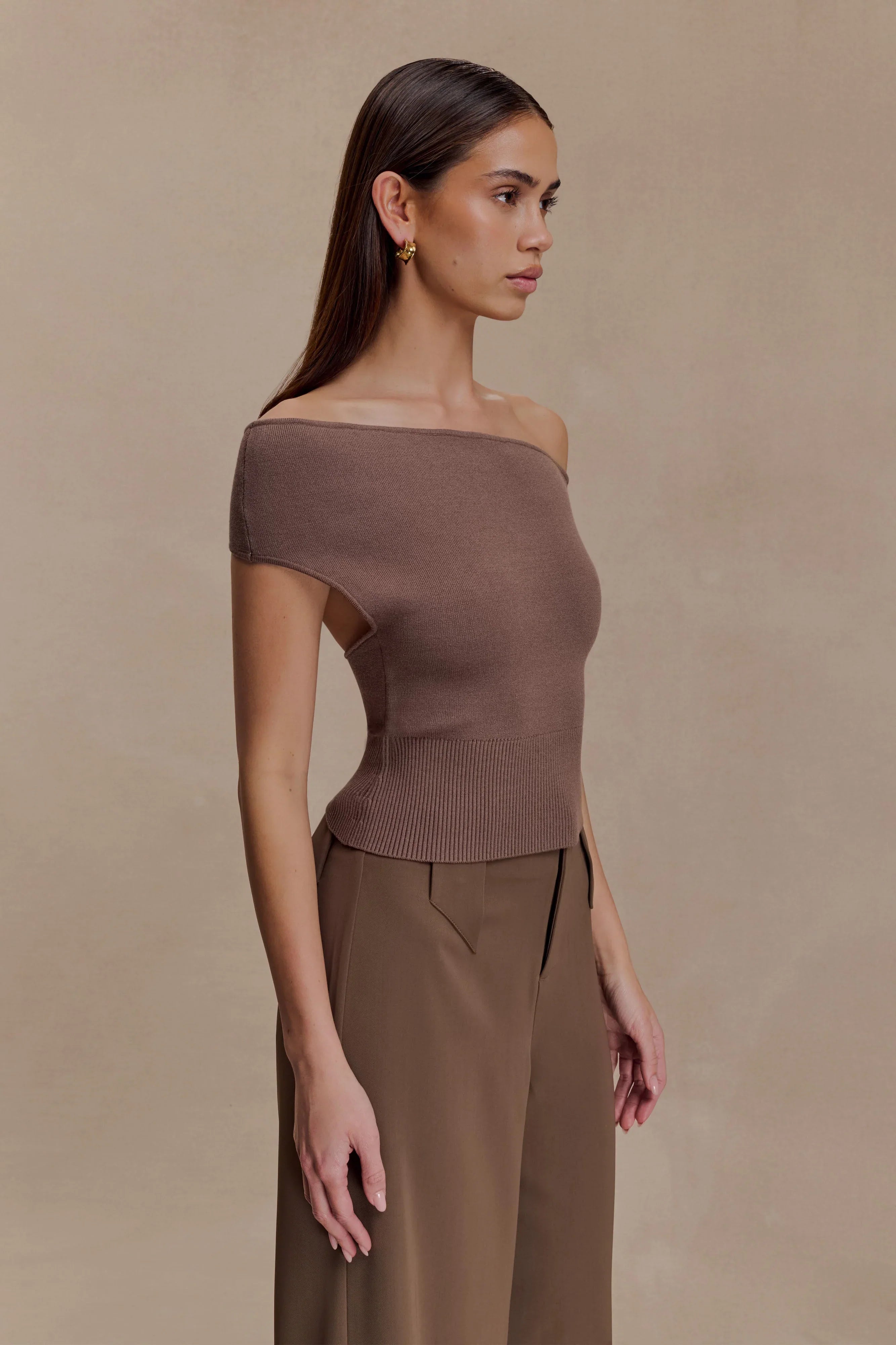 Carley Off Shoulder Knit Top Cacao Brown