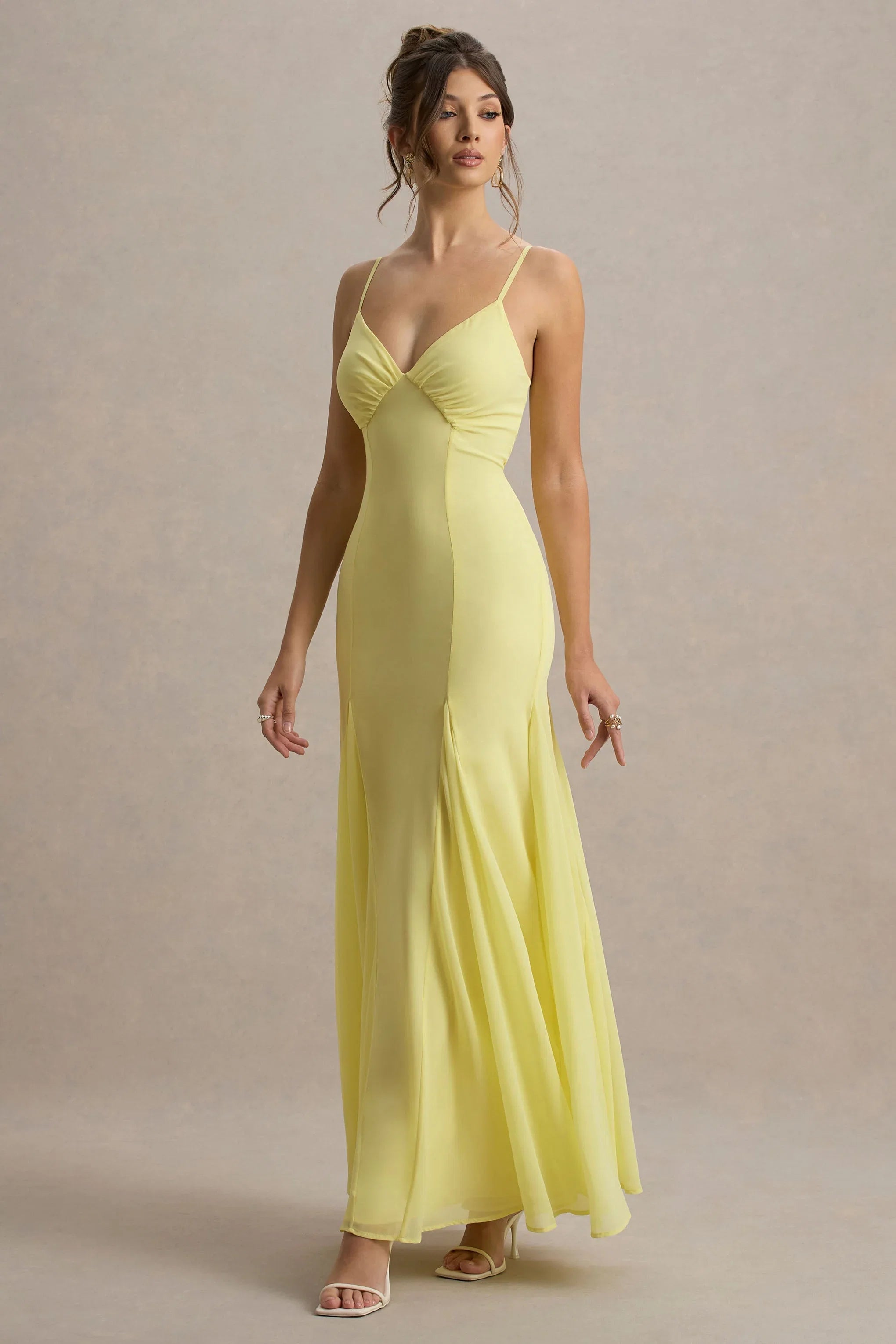 Massie Lemon Chiffon Strappy Maxi Dress With Volume Hem