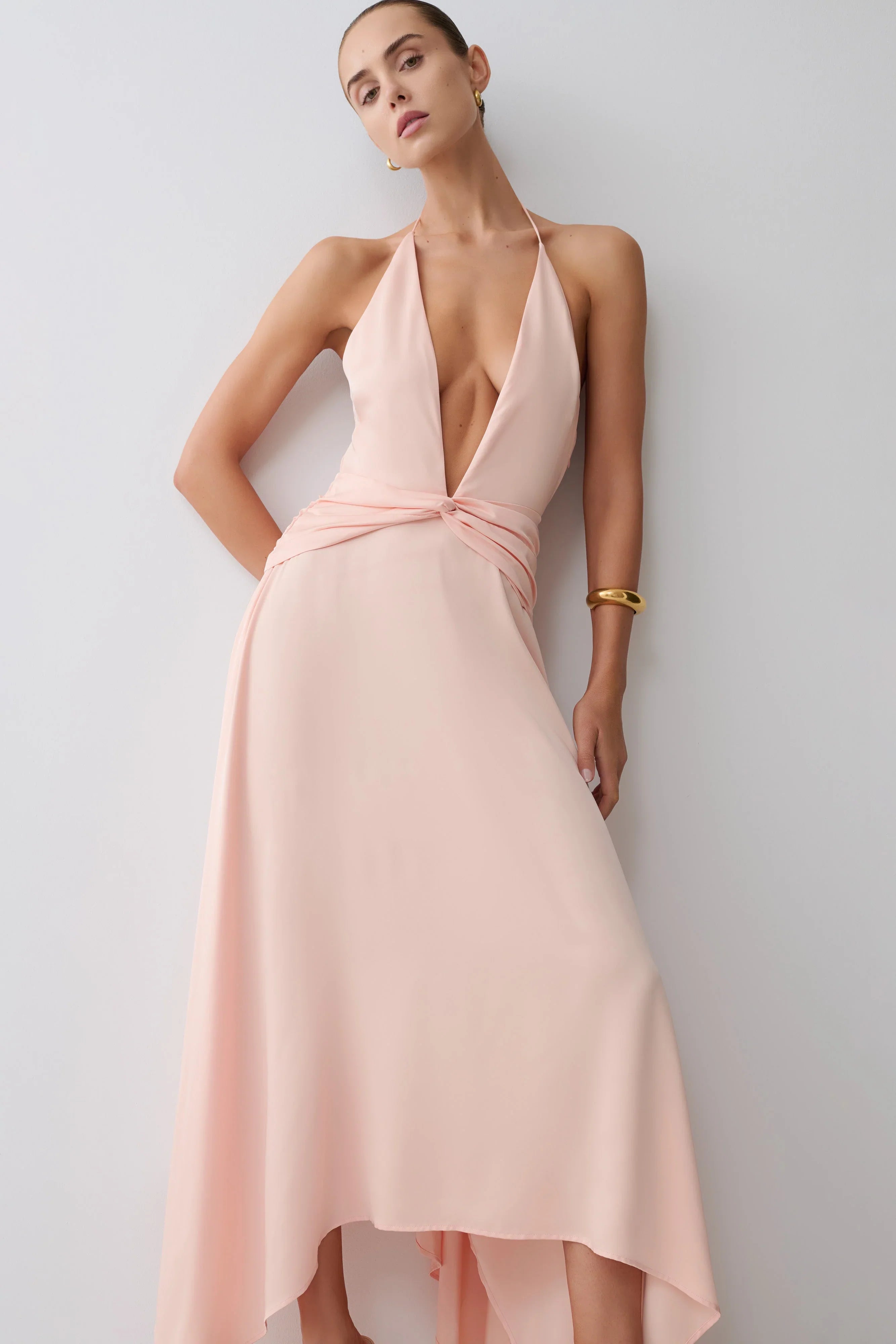 Cyra Plunge Satin Midi Dress Peach