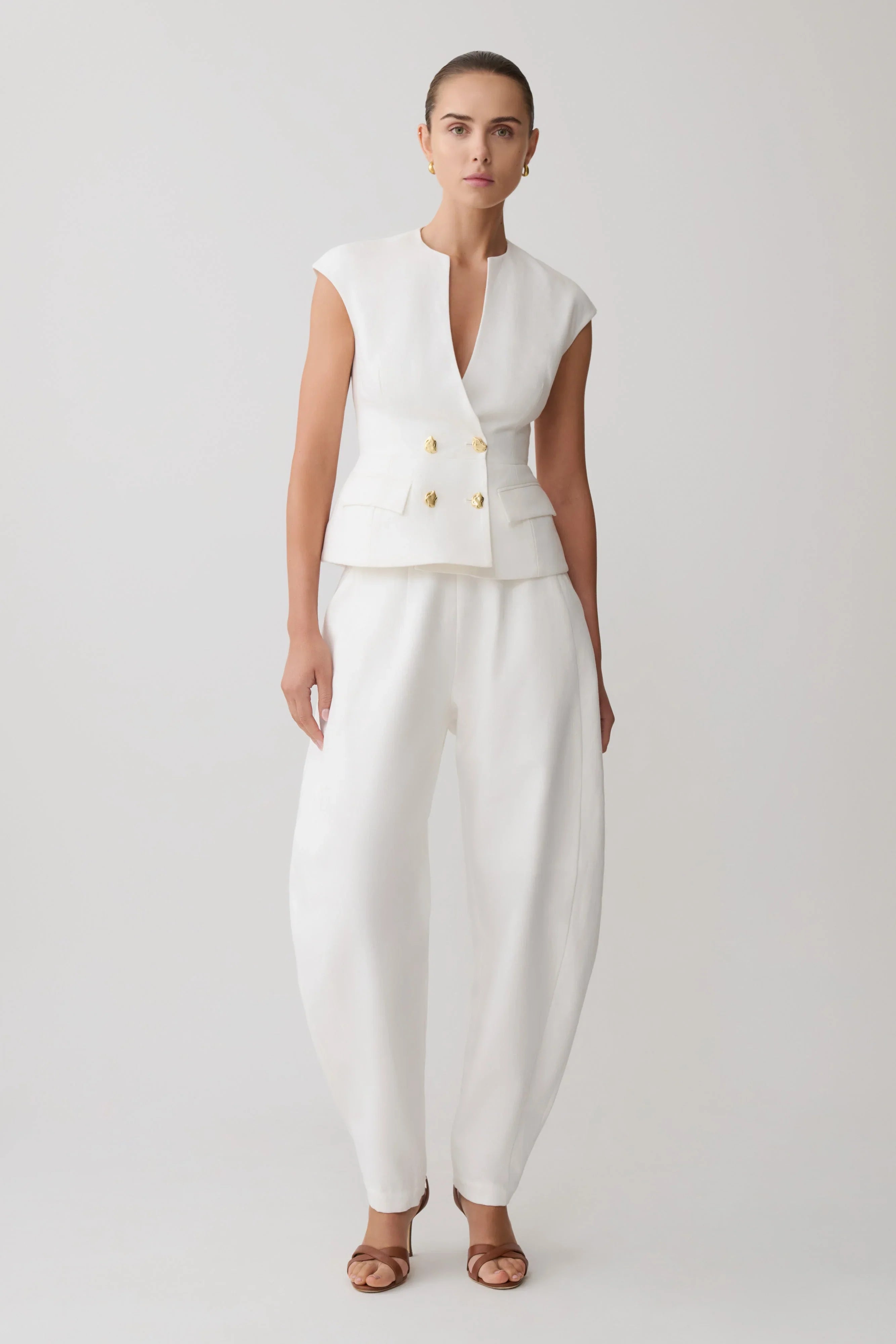 Oriana Linen Button Vest White