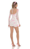 Mesh Pink Floral Ruched Dress in White