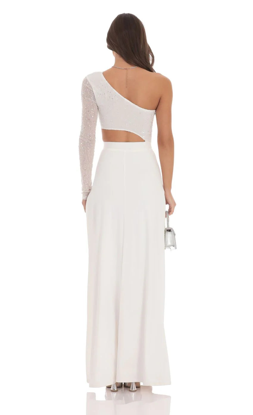 One Shoulder Sequin Maxi Dress in White