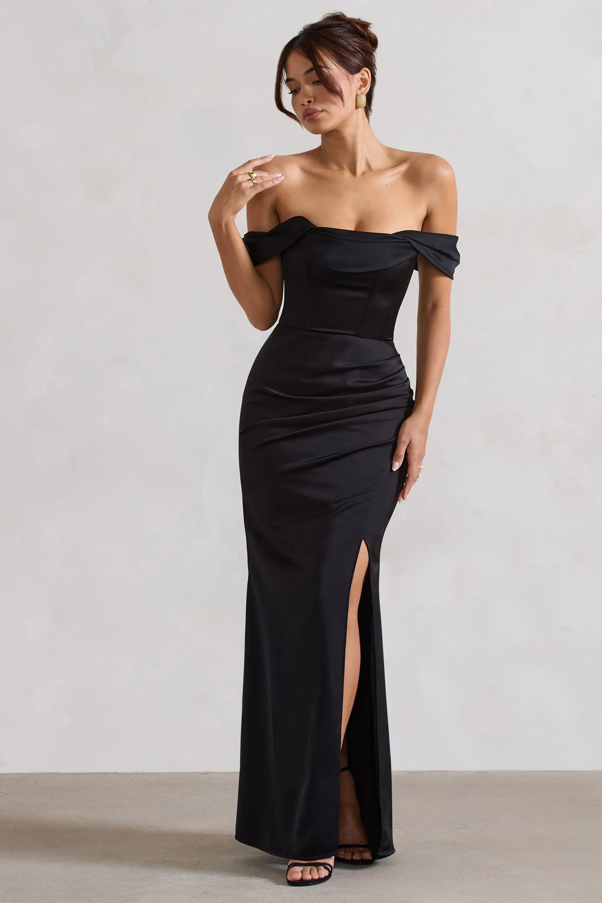 Kimberly Black Bardot Satin Maxi Dress