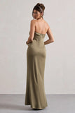 Azra Olive Satin Bandeau Maxi Dress