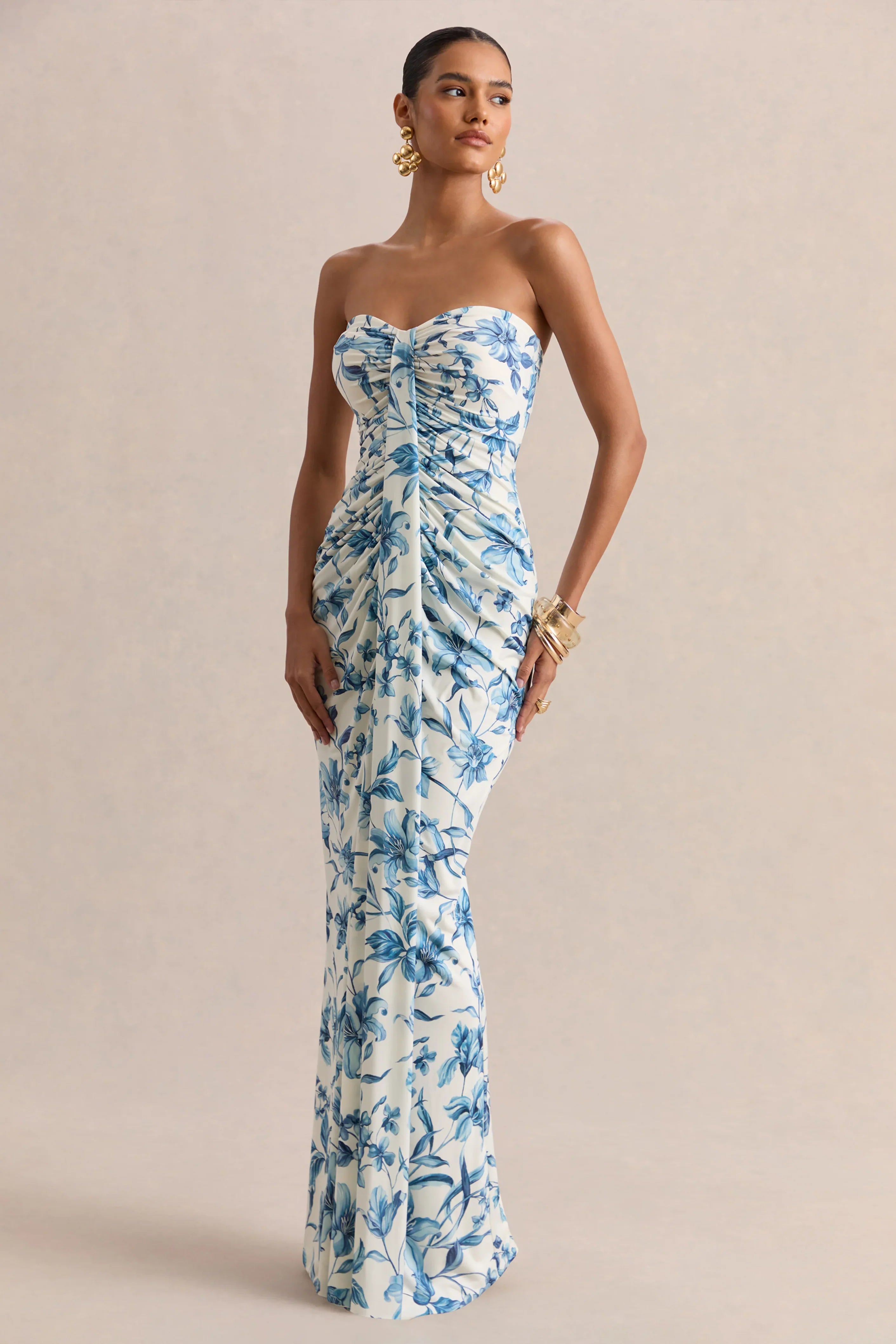 Ali Blue Porcelain Print Sweetheart Ruched Wrap Maxi Dress