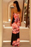 Sofiane Black Pink Floral Print Bandeau Maxi Dress