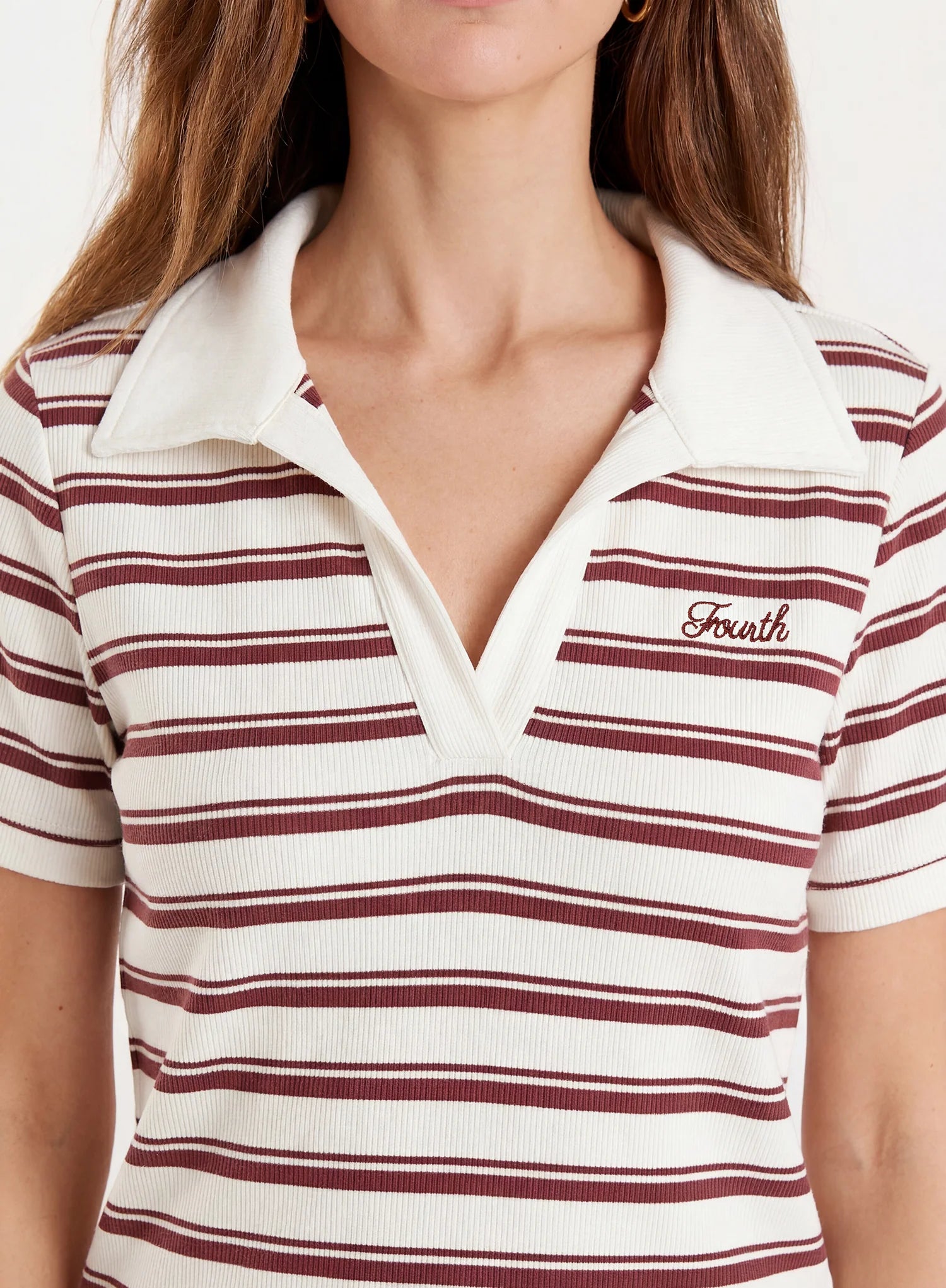 White And Brown Stripe Ribbed Short Sleeve Jersey Polo Top