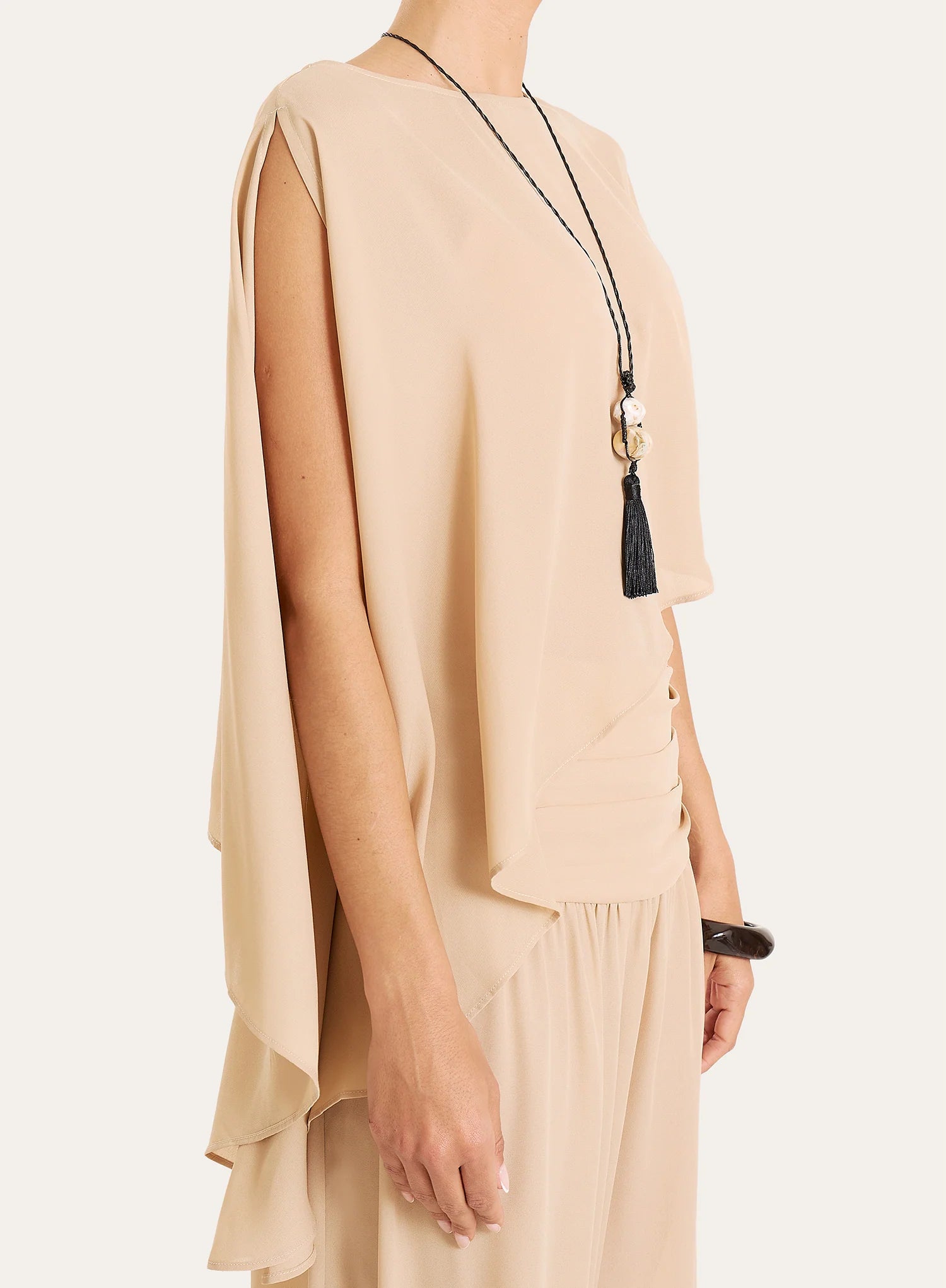 Beige Sheer Asymmetric Hem Cape Top