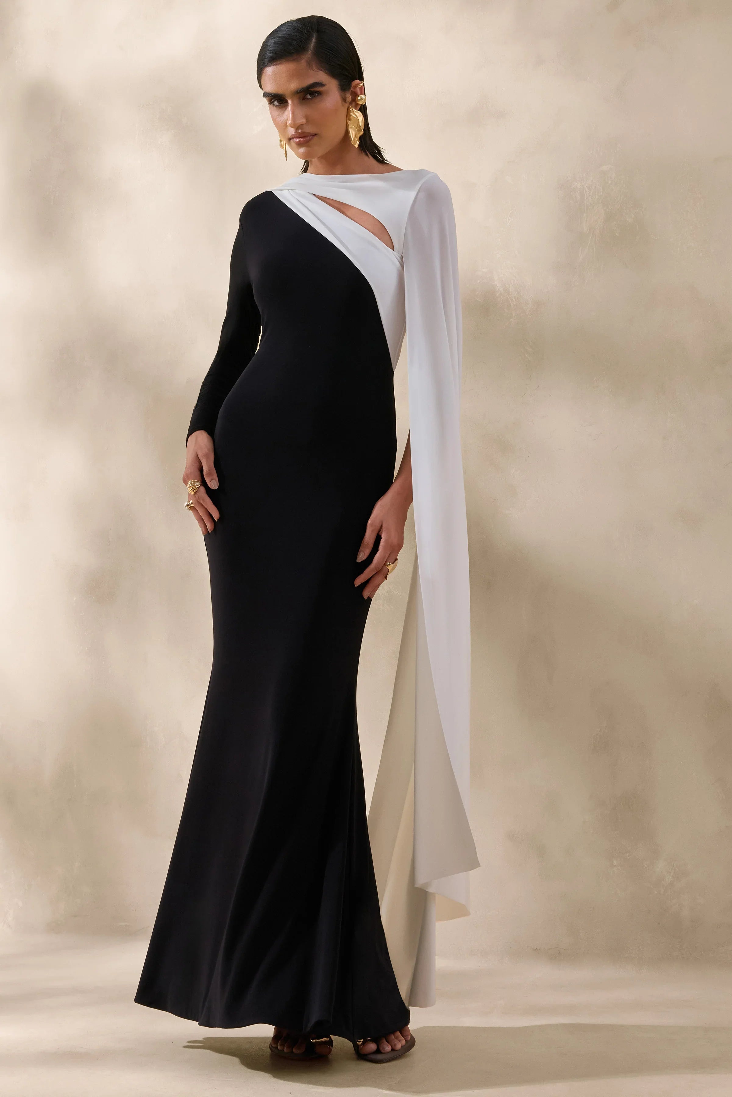Dabria Black And White Asymmetric Neck Maxi Dress With Cape Sleeve