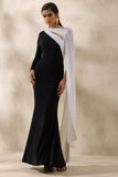 Dabria Black And White Asymmetric Neck Maxi Dress With Cape Sleeve