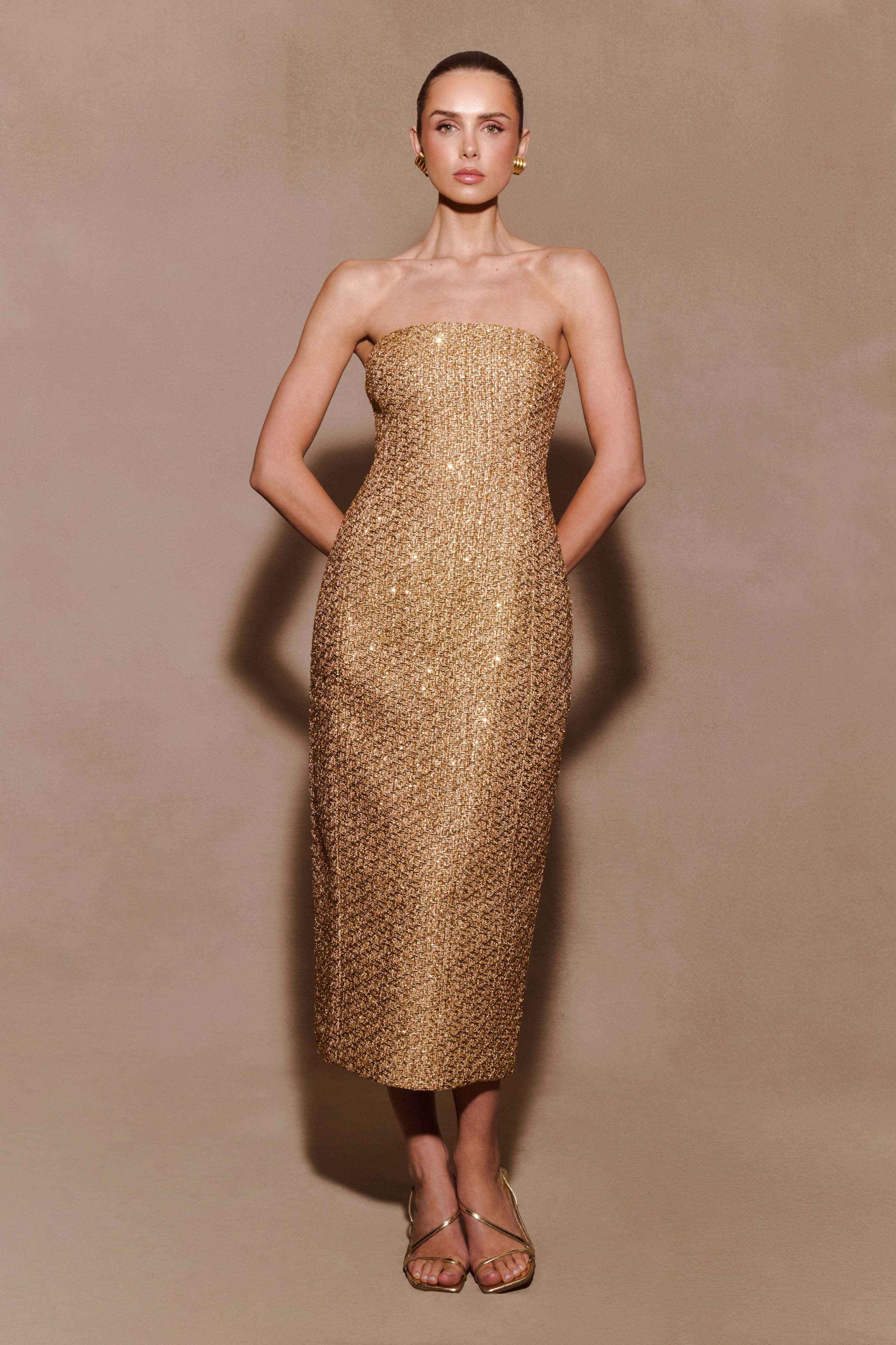 Gala Strapless Tweed Midi Dress Gold