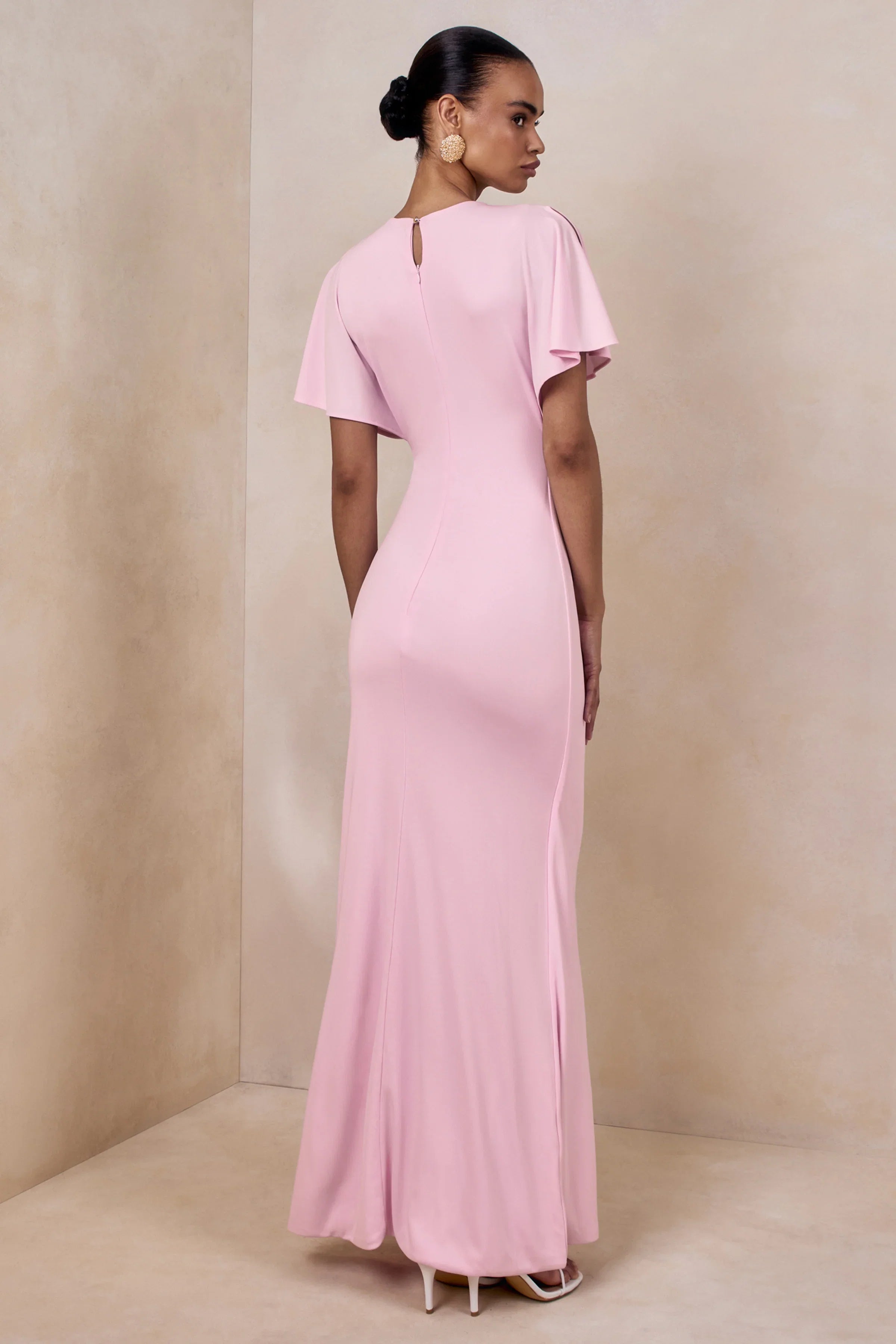 Grandeur Pale Pink High Neck Ruched Maxi Dress
