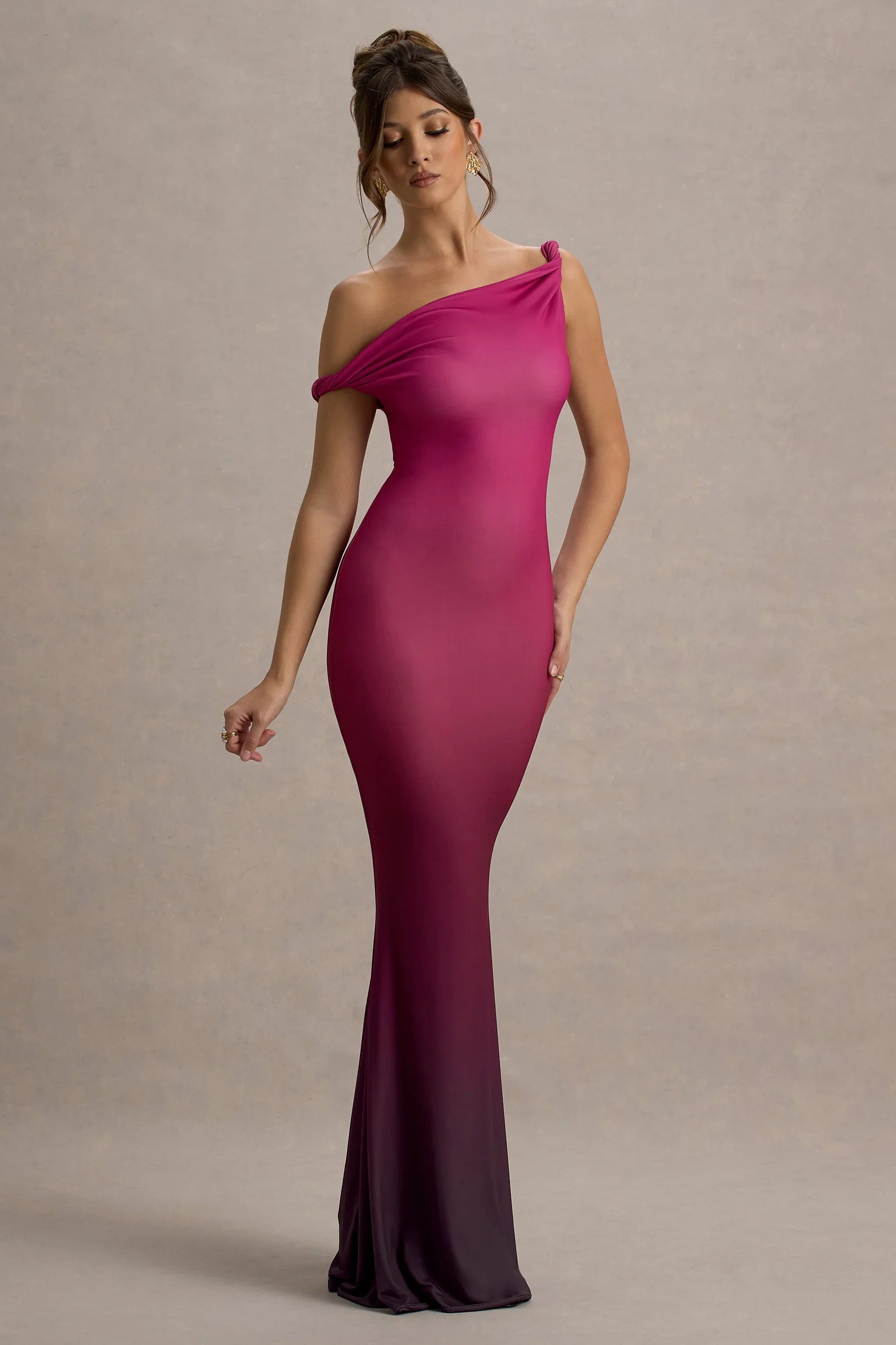 Exotic Berry Ombre Twisted Asymmetric Maxi Dress
