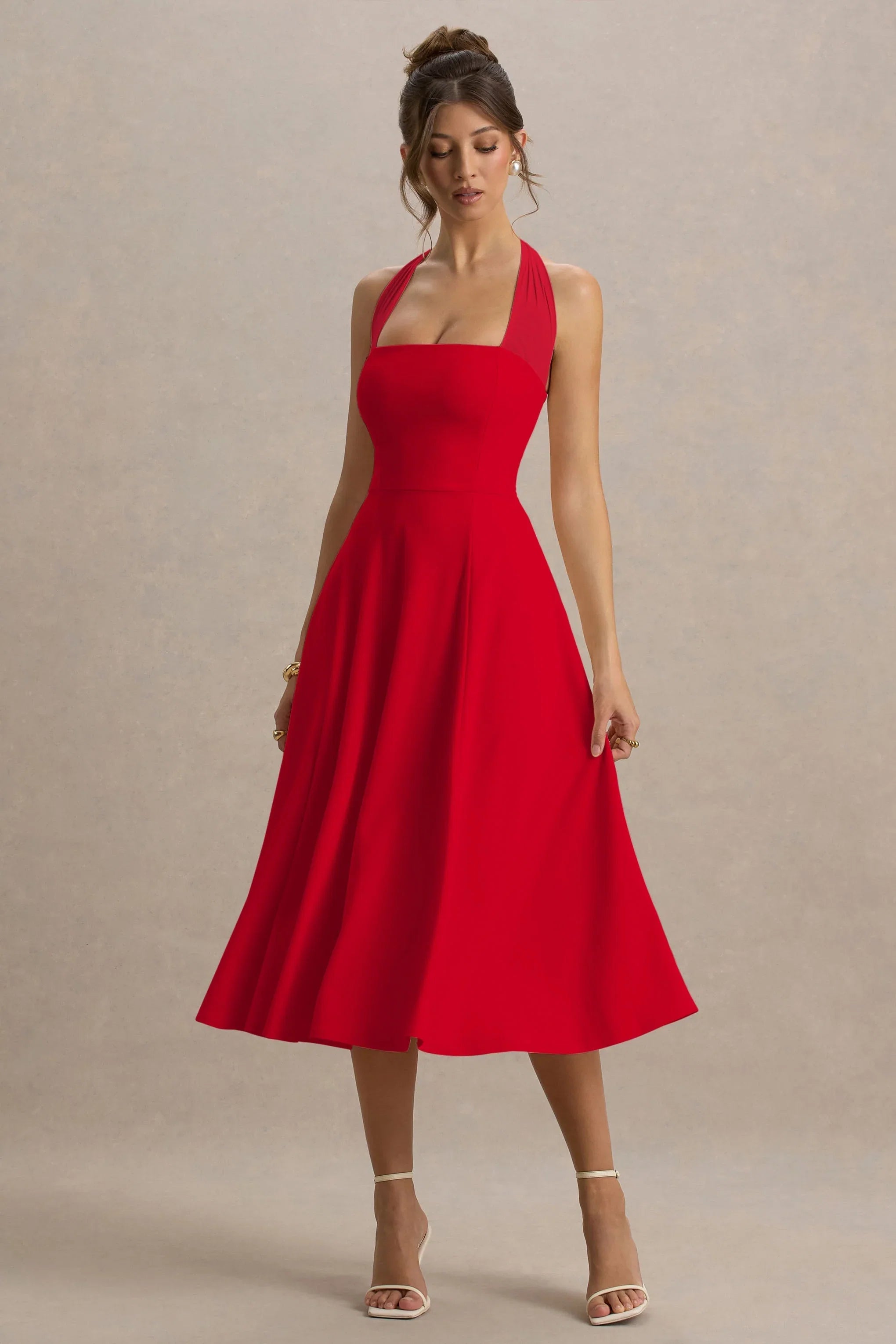 Auburn Red Halter Skater Midi Dress